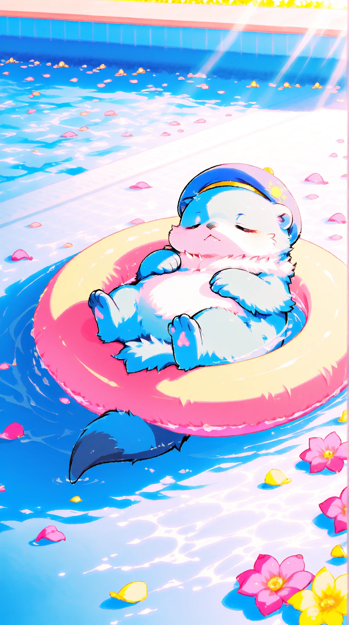 Score_9, Score_8_up, Score_7_up, Score_6_up, Score_5_up, Score_4_up, no human, solo, sea otter \(blue fur, adorable, sleeping on swimming ring, blue beret hat, swimming ring\), pool, flower petals, sunlight, vivid, colorful, warm,