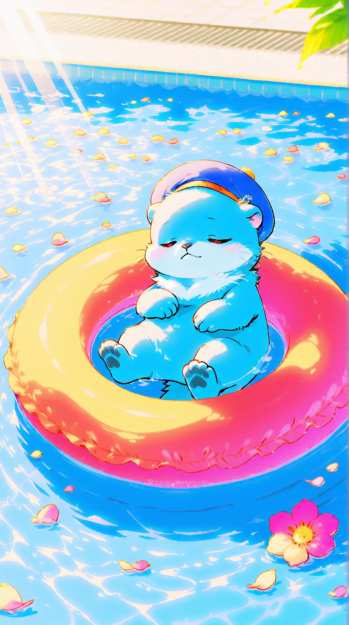 Score_9, Score_8_up, Score_7_up, Score_6_up, Score_5_up, Score_4_up, no human, solo, sea otter \(blue fur, adorable, sleeping on swimming ring, blue beret hat, swimming ring\), pool, flower petals, sunlight, vivid, colorful, warm,