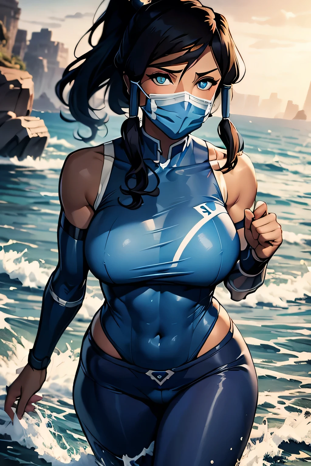 Korra, outfit clothes,Fabric mask, normal breasts And hip  Covered With Korra Outfit Complete Covered  from her element With water around her ,dark blue pants With water moving by his power 