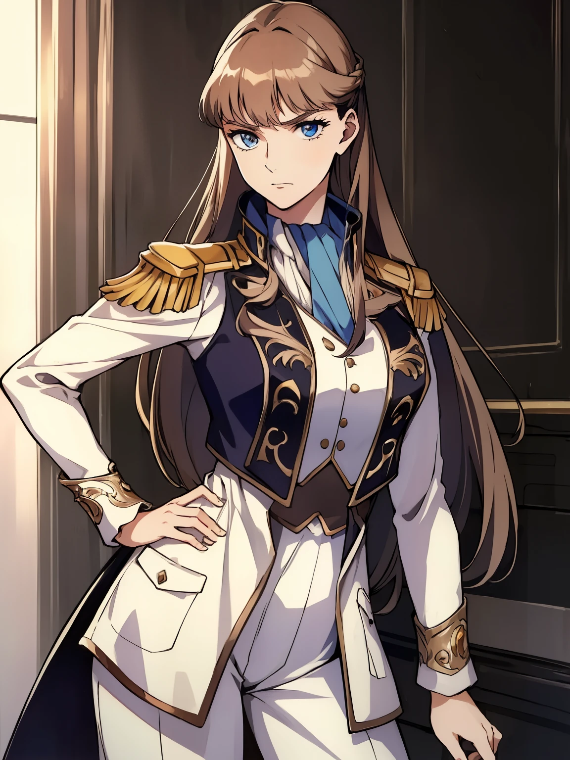 1girl,glaring ,Disgust,angry ,standing ,open stance,hands on hip,BREAK,RelenaPeacecraft, large_breasts, hair on her eyes , long brown hair , throw, hair stuck to my eyes, dazzling,dark eyes,RelenaMilitaryUniform,BREAK ,in the throne room,looking at viewers,cowboy shot,from forward,BREAK,masterpiece ,8k unity wallpaper,anime key visual,highest quality, High resolution,  (shape:0.8),anime coloring,highly detailed face, detailed eyes,growing eyes,shiny skin,fine skin,white skin,dense skin,detailed hair,highly detailed legs,perfect lighting, Detailed CG, (perfect hands, perfect anatomy),High resolution,(Detailed wear ),slender limbs, delicate curves, dainty hands,figure:0.8,