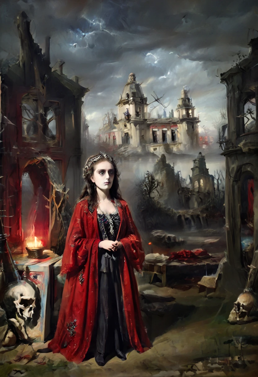 ( better quality , 4k, 8K, highres,  masterpiece :1.2),  ultra detailed , ( realistic , photo realistic , photo- realistic :1.37)  Skeletal  girl ,  dirty robe clothing , chandelier,  Goya style painting ,  light-dark lighting , Ruins, fog, Bones, officer,  creature Leonora Carrington.  faded dry trees , MYSTERIOUS RED BOX .