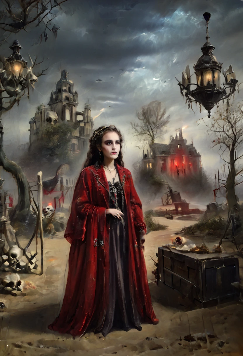 ( better quality , 4k, 8K, highres,  masterpiece :1.2),  ultra detailed , ( realistic , photo realistic , photo- realistic :1.37)  Skeletal  girl ,  dirty robe clothing , chandelier,  Goya style painting ,  light-dark lighting , Ruins, fog, Bones, officer,  creature Leonora Carrington.  faded dry trees , MYSTERIOUS RED BOX .