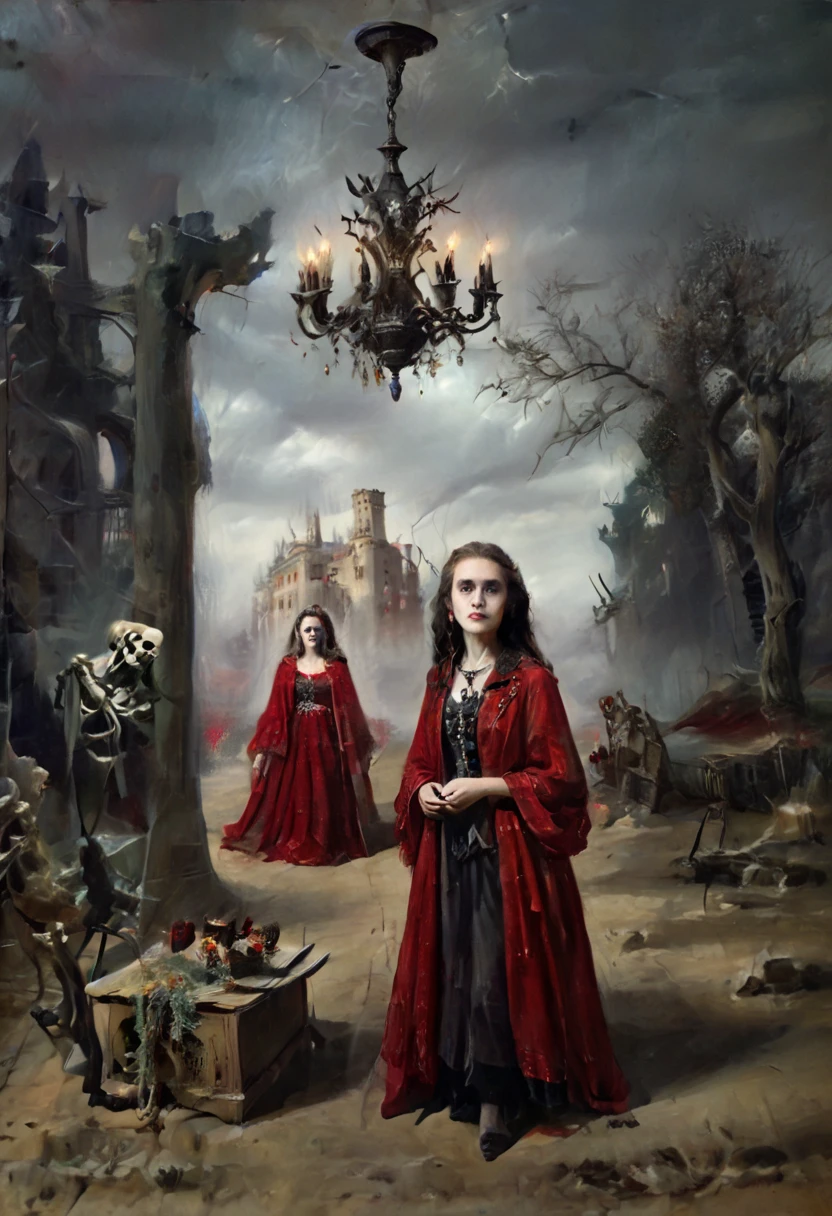 ( better quality , 4k, 8K, highres,  masterpiece :1.2),  ultra detailed , ( realistic , photo realistic , photo- realistic :1.37)  Skeletal  girl ,  dirty robe clothing , chandelier,  Goya style painting ,  light-dark lighting , Ruins, fog, Bones, officer,  creature Leonora Carrington.  faded dry trees , MYSTERIOUS RED BOX .