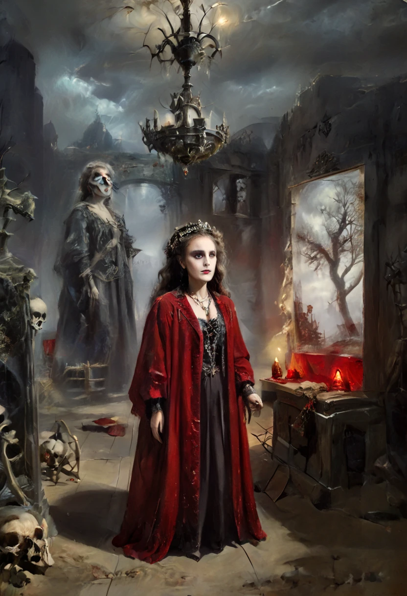 ( better quality , 4k, 8K, highres,  masterpiece :1.2),  ultra detailed , ( realistic , photo realistic , photo- realistic :1.37)  Skeletal  girl ,  dirty robe clothing , chandelier,  Goya style painting ,  light-dark lighting , Ruins, fog, Bones, officer,  creature Leonora Carrington.  faded dry trees , MYSTERIOUS RED BOX .