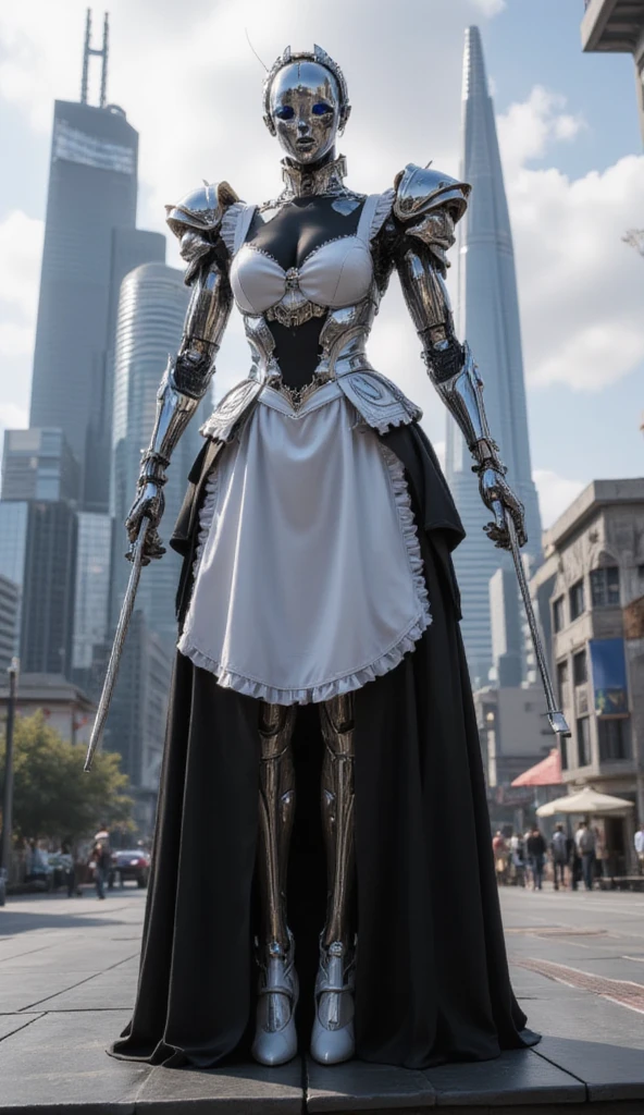 A maid mecha, designed with a blend of traditional maid attire and futuristic mechanical elements, stands prominently in a modern cityscape. The mecha is adorned with a white and black maid dress, complete with a frilly apron and a headpiece, seamlessly integrated into its metallic frame. Its arms are equipped with functional tools, resembling those of a maid, yet clearly mechanical in design. The mecha's face, where a human maid's would be, is a sleek, metallic visage with glowing eyes, adding a sinister yet intriguing aspect to its appearance. The city around it is bustling with activity, yet the maid mecha stands out as a unique fusion of domestic servitude and advanced technology.