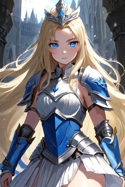 A beautiful warrior, long blonde hair, blue eyes, small breasts, armor and white pleated skirt. Tiara, Verlegen, 