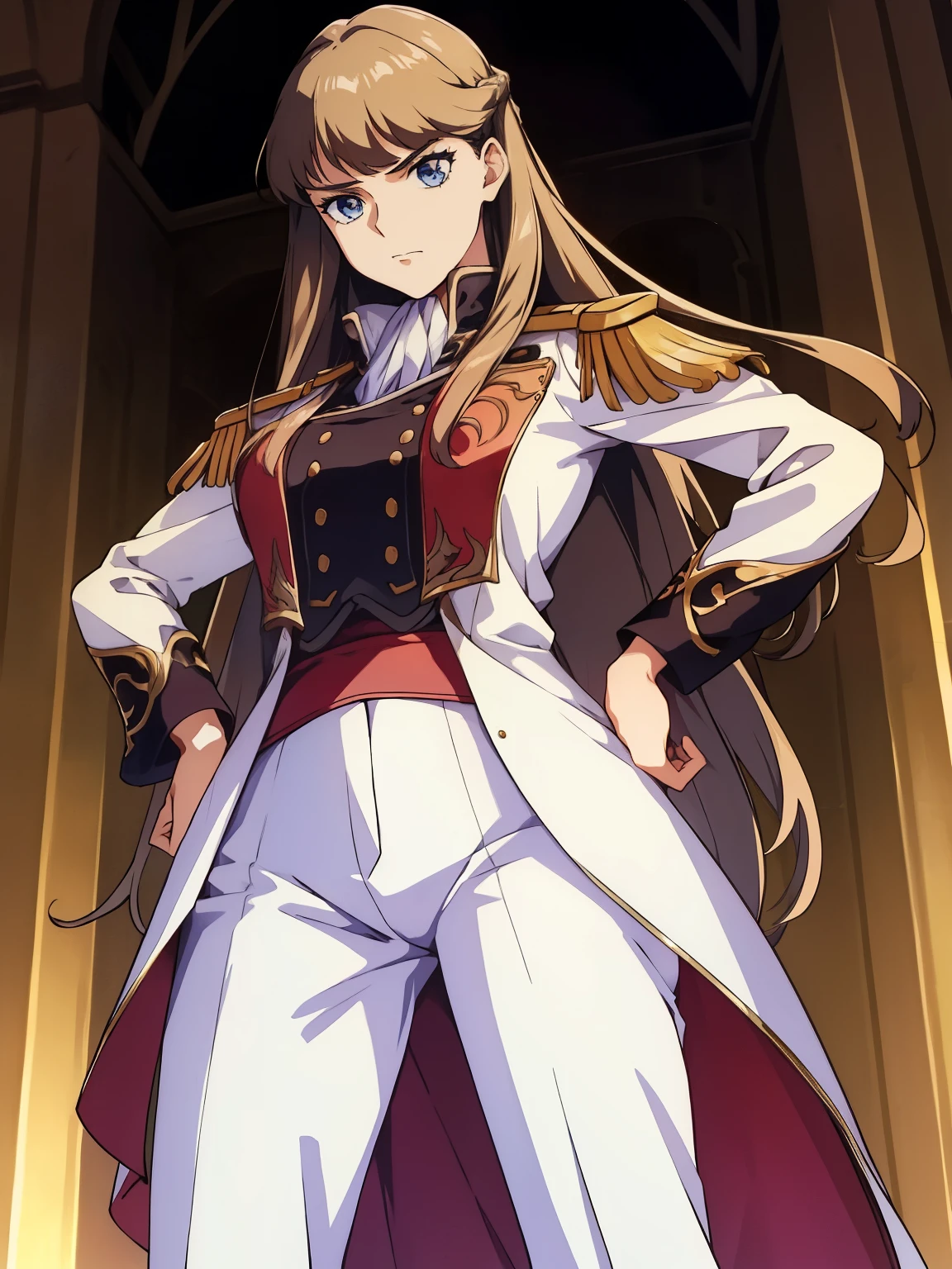 1girl,glaring ,Disgust,angry ,standing ,open stance,hands on hip,BREAK,RelenaPeacecraft, large_breasts, hair on her eyes , long brown hair , throw, hair stuck to my eyes, dazzling,dark eyes,RelenaMilitaryUniform,BREAK ,in the throne room,looking at viewers,cowboy shot,from below,BREAK,masterpiece ,8k unity wallpaper,anime key visual,highest quality, High resolution,  (shape:0.8),anime coloring,highly detailed face, detailed eyes,growing eyes,shiny skin,fine skin,white skin,dense skin,detailed hair,highly detailed legs,perfect lighting, Detailed CG, (perfect hands, perfect anatomy),High resolution,(Detailed wear ),slender limbs, delicate curves, dainty hands,figure:0.8,