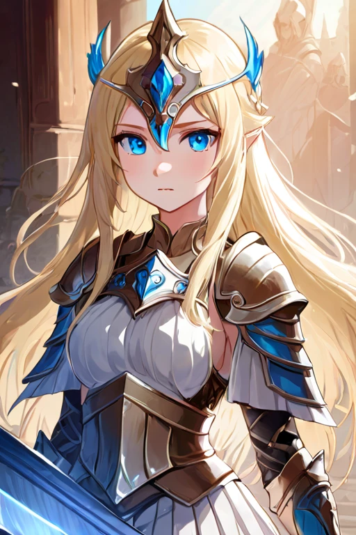 A beautiful warrior, long blonde hair, blue eyes, small breasts, armor and white pleated skirt. Tiara, Lächeln, 