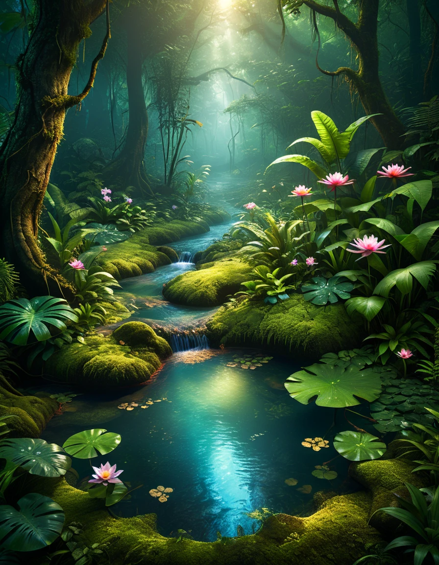  in the middle of the forest there is a small pond with a flower , A deep jungle from another world, swampy forest,  under the outside world of the forest , красивый древний fogный лес,  photos of the enchanted forest ,fog,  fantasy magical vegetation , floral environment ,  in the deep forest jungle ,  mystical forest lagoon , In the rainforest ,  in the deep jungle ,  is in the swamp at dawn , болотистая атмосфера  realistic image,  masterpiece fails,  works of art,  hyperrealistic, rendering ,  realistic physical rendering ,  photorealistic rendering ,  highly detailed ,  high-quality render ,  architectural rendering ,  very realistic 3D render ,  realistic image