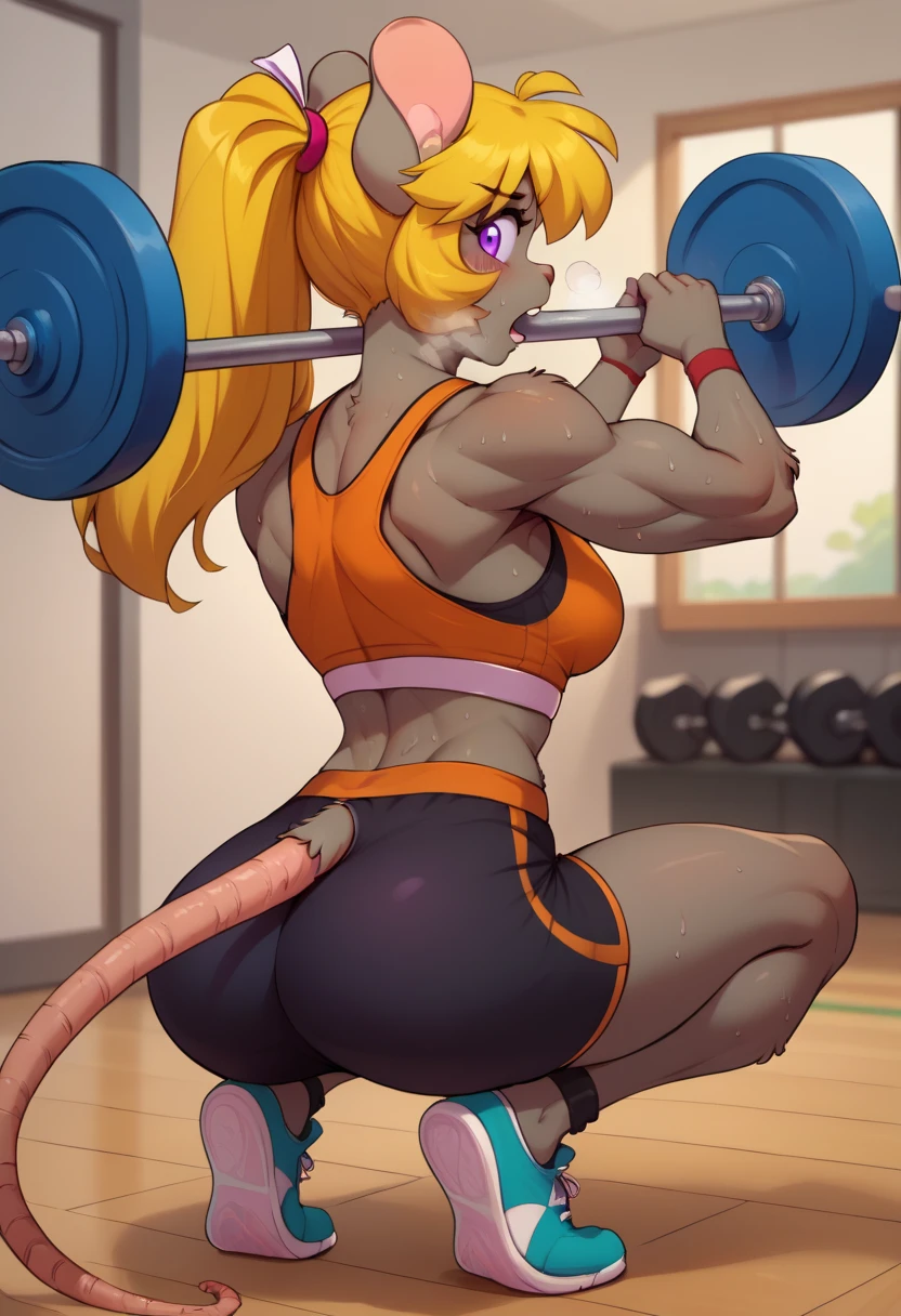 score_9, score_8_up, score_7_up, BREAK 1girl, solo, tootsie, purple eyes, animal ears, mouse girl, mouse tail, grey fur, blonde hair, long hair, ponytail, medium breasts, indoors,
looking at viewer, looking back, toned, rear view, squatting, weightlifting, sweat,
sports clothing, sports bra, sports shorts, out of breath, open mouth