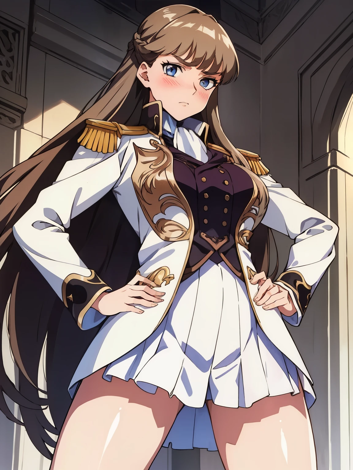 nsfw,1girl,blush,glaring ,Disgust,angry ,in heat,standing ,open stance,hands on hip,BREAK,RelenaPeacecraft, large_breasts, hair on her eyes , long brown hair , throw, hair stuck to my eyes, dazzling,dark eyes,RelenaMilitaryUniform,BREAK ,in the throne room,looking at viewers,cowboy shot,from below,BREAK,masterpiece ,8k unity wallpaper,anime key visual,highest quality, High resolution,  (shape:0.8),anime coloring,highly detailed face, detailed eyes,growing eyes,shiny skin,fine skin,white skin,dense skin,detailed hair,highly detailed legs,perfect lighting, Detailed CG, (perfect hands, perfect anatomy),High resolution,(Detailed wear ),slender limbs, delicate curves, dainty hands,figure:0.8,