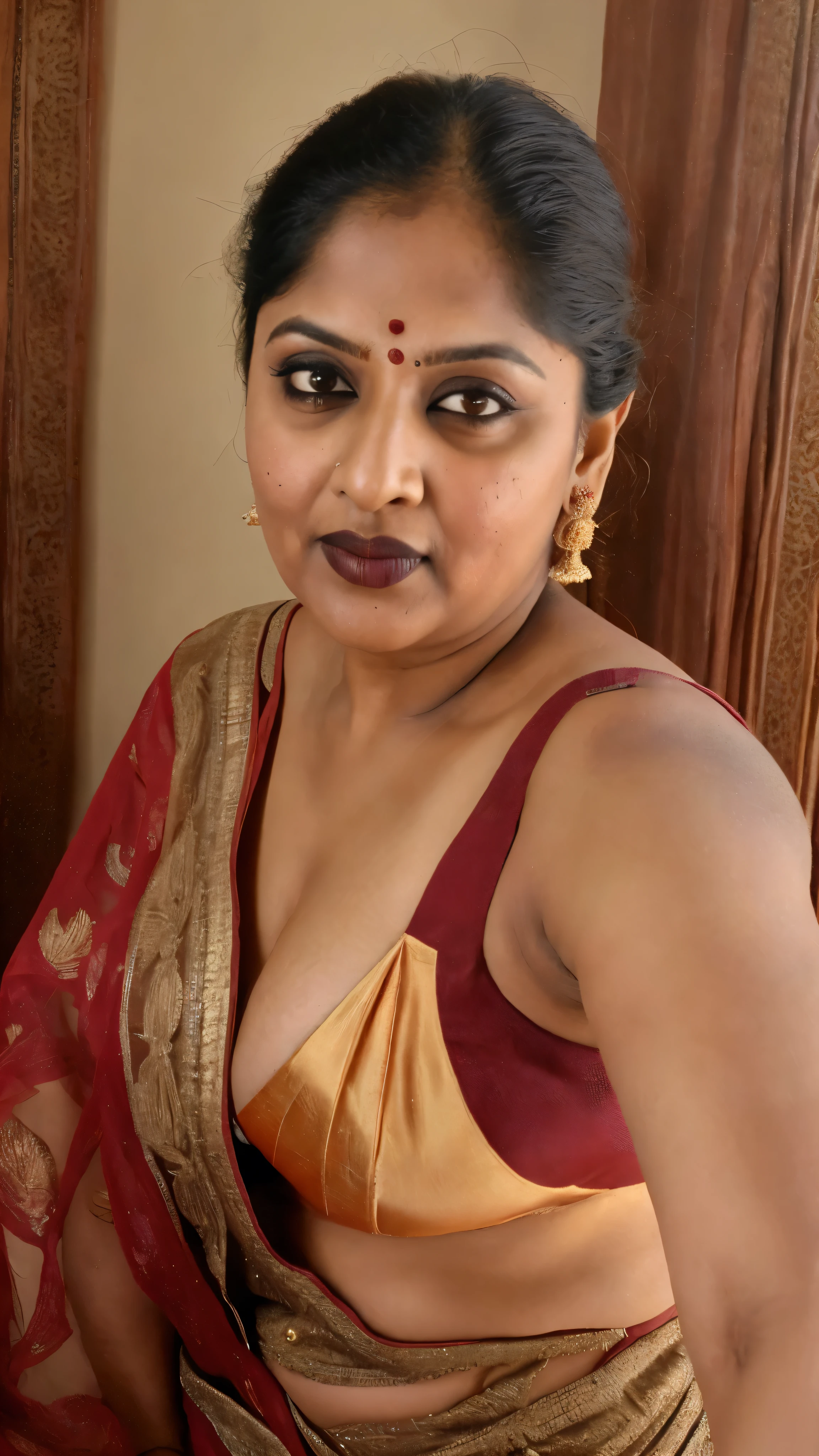 Foto RAW, photorealistic, true milf, mature wrinkles skin, tanlines, photography, full body shot, 70 years old Woman, nadhiya moidu, hot nadhiya mommy, master shot, perfect eyes, goddess like beauty, nadhiya momma, nadhiya amma, pierced eyes, perfect thick chubby mallu Desi aunty bhabhi, Wearing a Stanapatta, a chest-band.Saree model, model Photography, Indian saree shoot, Indian traditional wear advertising photography, traditional wear brand shoot, face of indian chubby milf actress Nadhiya or Nadia Moidu or Nadiya moidu, masterpiece, realistic, realism, incredible details,  pleasure, photorealism, detailed skin, skin pores, high contrast, photorealistic Artstation 8k HD digital art trend of high definition and detailed realistic skin texture, ultra detail, realistic skin texture, armature, best quality, ultra high definition, (photorealistic:1.4),, high resolution, detail, raw photo, sweat, Re sharp, by Lee Jefferies Nikon D850 Film Stock Photo 4 Kodak Portra 400 Camera F1.6 Lens Rich Color Ultra Real Realistic Realistic Textures Dramatic Lighting Unreal Engine Trending at Art Station Cinestill 800,(pele altamente detalhada: 1.2), 8k UHD, DSLR, soft-lighting, alta qualidade, grain of film, Fujifilm XT3,she didn't like to wear blouse or bra, she is happy to wear only saree, she hates blouse or bra, detailed hairy armpits, hyper realistic skin, skin pores, sweat, veins on the body, skin texture, freckles 0.2, RAW photo, astounding details, professional fashion photography, photographed by master photographer, insane skin texture details, bulky figure, plus size Indian aunty, chubby Indian housewife,  Indian desi Mature widow aunty, queen of seduction, tempting jiggly figure, appealing body language, she wants to alleviate his loneliness, she wants to be a sugarmommy, mature aged beauty, true mature goddess, visible few wrinkles stretchmarks, few tanlines in her face, She is the mother of four sons,