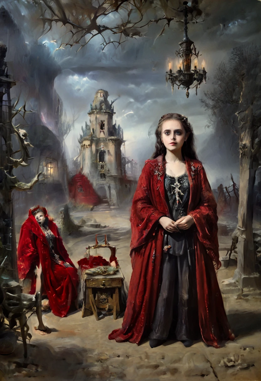 ( better quality , 4k, 8K, highres,  masterpiece :1.2),  ultra detailed , ( realistic , photo realistic , photo- realistic :1.37)  Skeletal  girl ,  dirty robe clothing , chandelier,  Goya style painting ,  light-dark lighting , Ruins, fog, Bones, officer,  creature Leonora Carrington.  faded dry trees , MYSTERIOUS RED BOX . Decapitated Dwarves