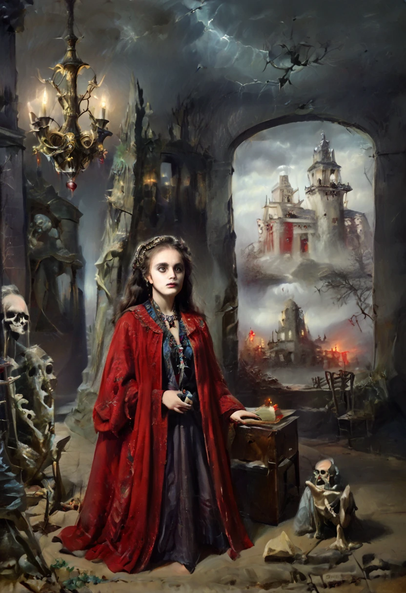 ( better quality , 4k, 8K, highres,  masterpiece :1.2),  ultra detailed , ( realistic , photo realistic , photo- realistic :1.37)  Skeletal  girl ,  dirty robe clothing , chandelier,  Goya style painting ,  light-dark lighting , Ruins, fog, Bones, officer,  creature Leonora Carrington.  faded dry trees , MYSTERIOUS RED BOX . Decapitated Dwarves