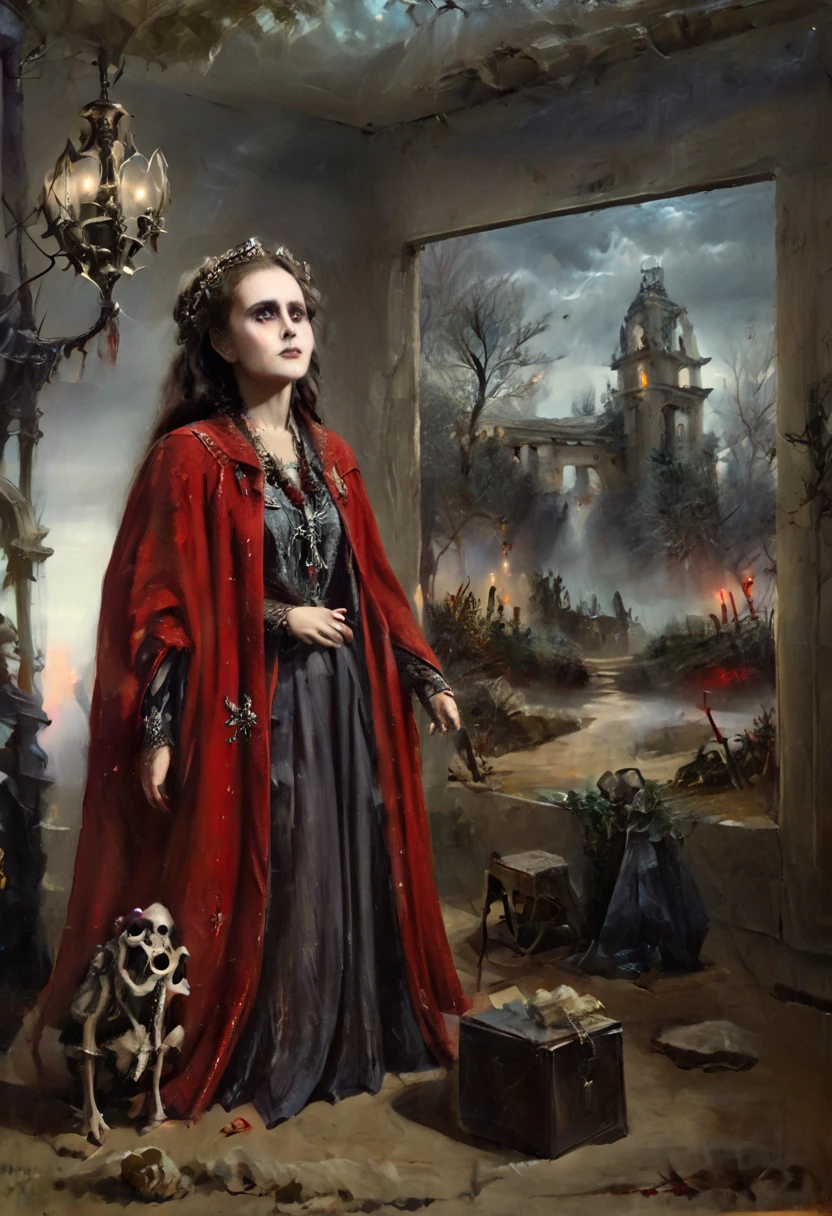 ( better quality , 4k, 8K, highres,  masterpiece :1.2),  ultra detailed , ( realistic , photo realistic , photo- realistic :1.37)  Skeletal  girl ,  dirty robe clothing , chandelier,  Goya style painting ,  light-dark lighting , Ruins, fog, Bones, officer,  creature Leonora Carrington.  faded dry trees , MYSTERIOUS RED BOX . Decapitated Dwarves