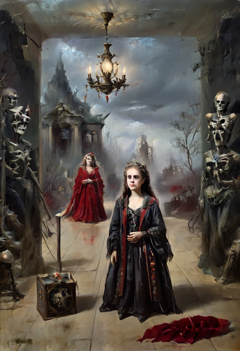 ( better quality , 4k, 8K, highres,  masterpiece :1.2),  ultra detailed , ( realistic , photo realistic , photo- realistic :1.37)  Skeletal  girl ,  dirty robe clothing , chandelier,  Goya style painting ,  light-dark lighting , Ruins, fog, Bones, officer,  creature Leonora Carrington.  faded dry trees , MYSTERIOUS RED BOX . Decapitated Dwarves