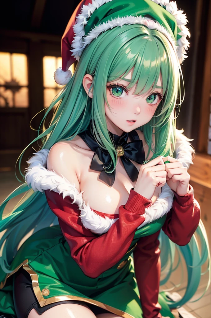 (Best Quality,4k,8K,hight resolution,Masterpiece:1.2), Ultra-detailed, (Realistic,photoRealistic,photo-Realistic:1.37), Cute, Sexy, woman's, arm behind back, Santa Claus hat on his head, green hair, green colored eyes, Clover tattoo, bright colours, soft-lighting, bokeh