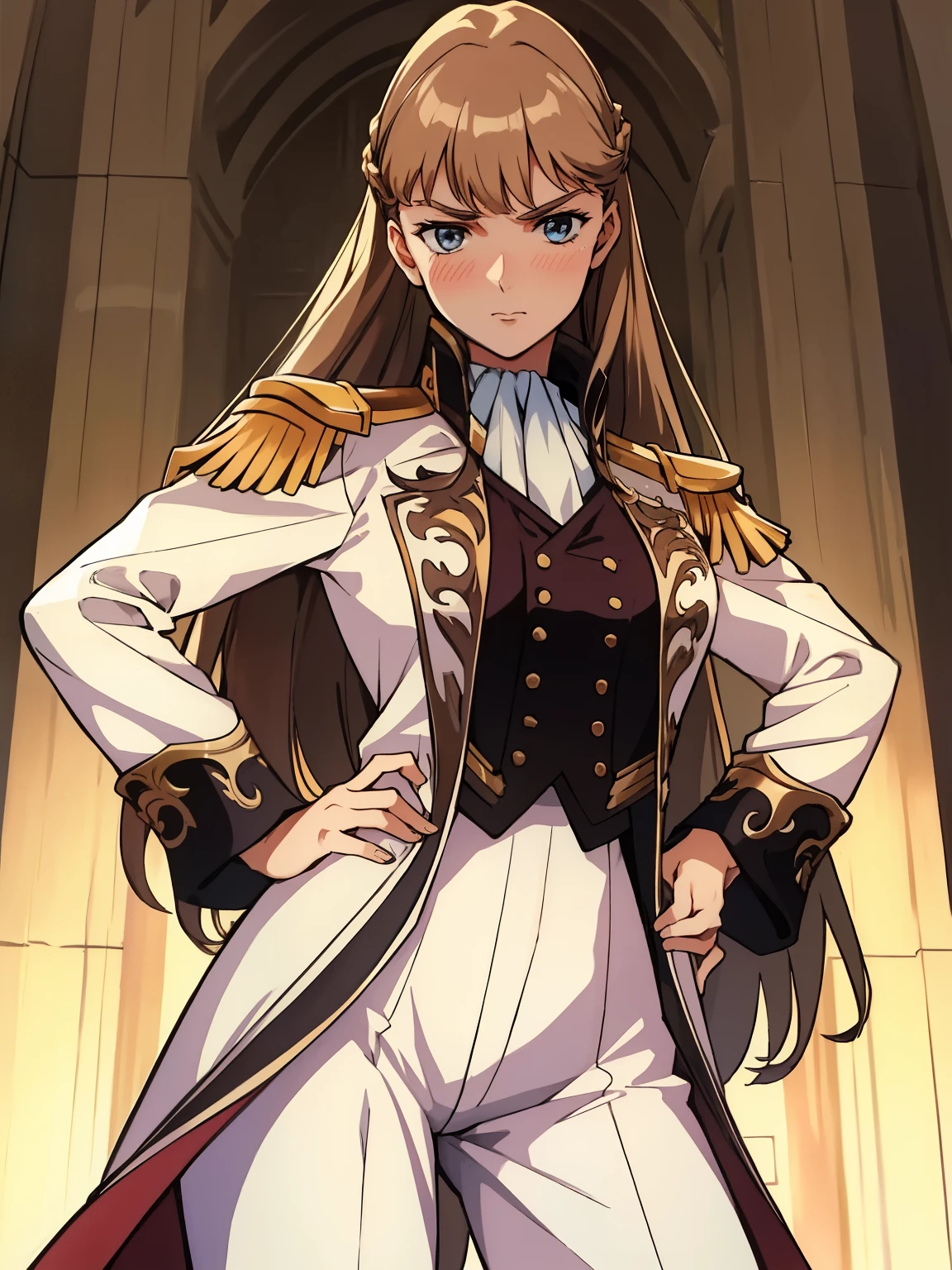 nsfw:1.3,1girl,blush,glaring ,Disgust,angry ,in heat:1.3,standing ,hands on hip,BREAK,RelenaPeacecraft, large_breasts, hair on her eyes , long brown hair , throw, hair stuck to my eyes, dazzling,dark eyes,RelenaMilitaryUniform,BREAK ,in the throne room,looking at viewers,cowboy shot,from below,BREAK,masterpiece ,8k unity wallpaper,anime key visual,highest quality, High resolution,  (shape:0.8),anime coloring,highly detailed face, detailed eyes,growing eyes,shiny skin,fine skin,white skin,dense skin,detailed hair,highly detailed legs,perfect lighting, Detailed CG, (perfect hands, perfect anatomy),High resolution,(Detailed wear ),slender limbs, delicate curves, dainty hands,figure:0.8,