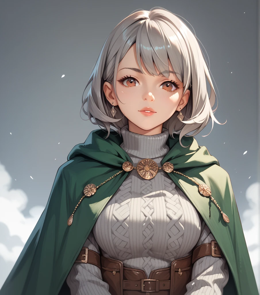 Anime character gray hair brown eyes a green cape gray sweater 