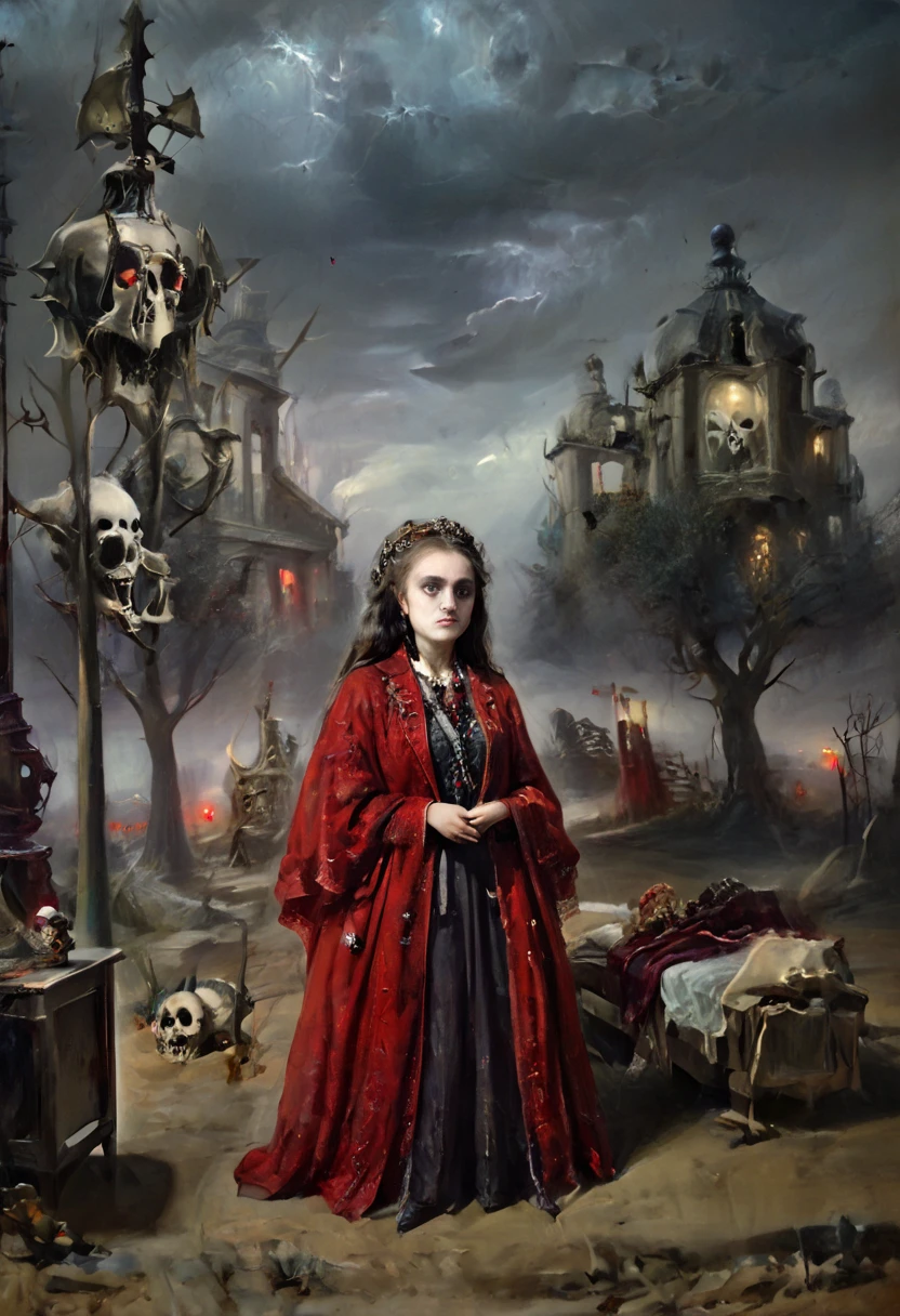 ( better quality , 4k, 8K, highres,  masterpiece :1.2),  ultra detailed , ( realistic , photo realistic , photo- realistic :1.37)  Skeletal  girl ,  dirty robe clothing , chandelier,  Goya style painting ,  light-dark lighting , Ruins, fog, Bones, officer,  creature Leonora Carrington.  faded dry trees , MYSTERIOUS RED BOX . Decapitated Dwarves