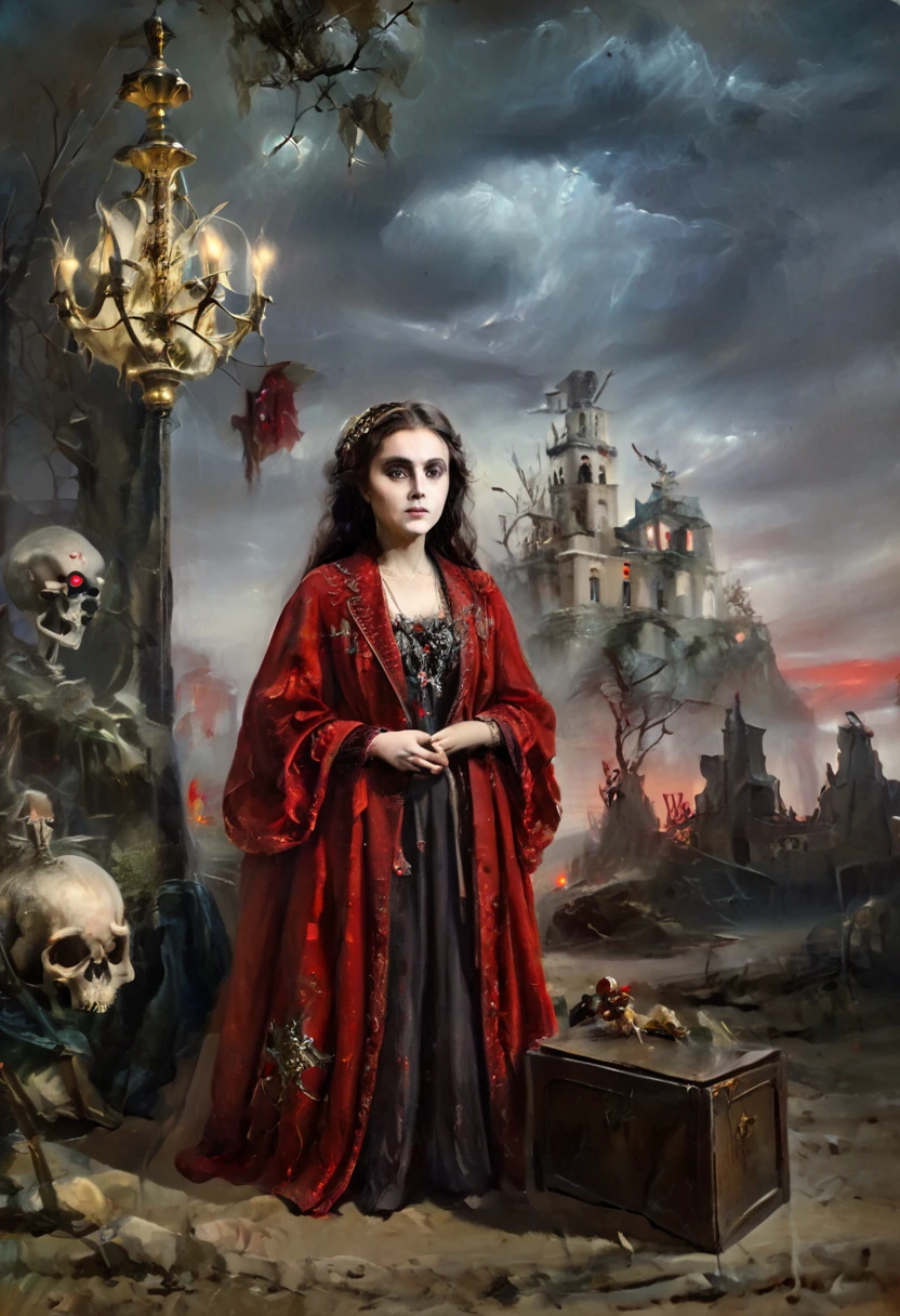 ( better quality , 4k, 8K, highres,  masterpiece :1.2),  ultra detailed , ( realistic , photo realistic , photo- realistic :1.37)  Skeletal  girl ,  dirty robe clothing , chandelier,  Goya style painting ,  light-dark lighting , Ruins, fog, Bones, officer,  creature Leonora Carrington.  faded dry trees , MYSTERIOUS RED BOX . Decapitated Dwarves