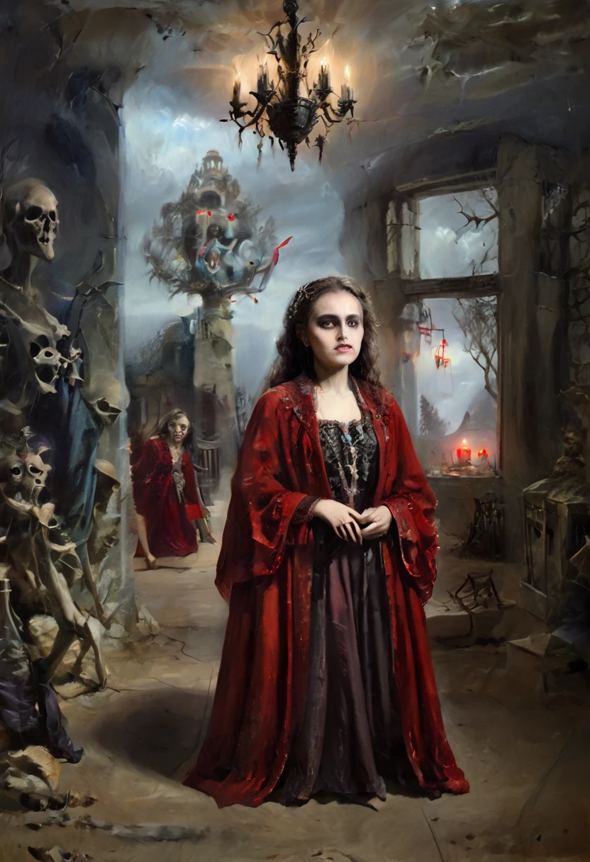 ( better quality , 4k, 8K, highres,  masterpiece :1.2),  ultra detailed , ( realistic , photo realistic , photo- realistic :1.37)  Skeletal  girl ,  dirty robe clothing , chandelier,  Goya style painting ,  light-dark lighting , Ruins, fog, Bones, officer,  creature Leonora Carrington.  faded dry trees , MYSTERIOUS RED BOX . Decapitated Dwarves