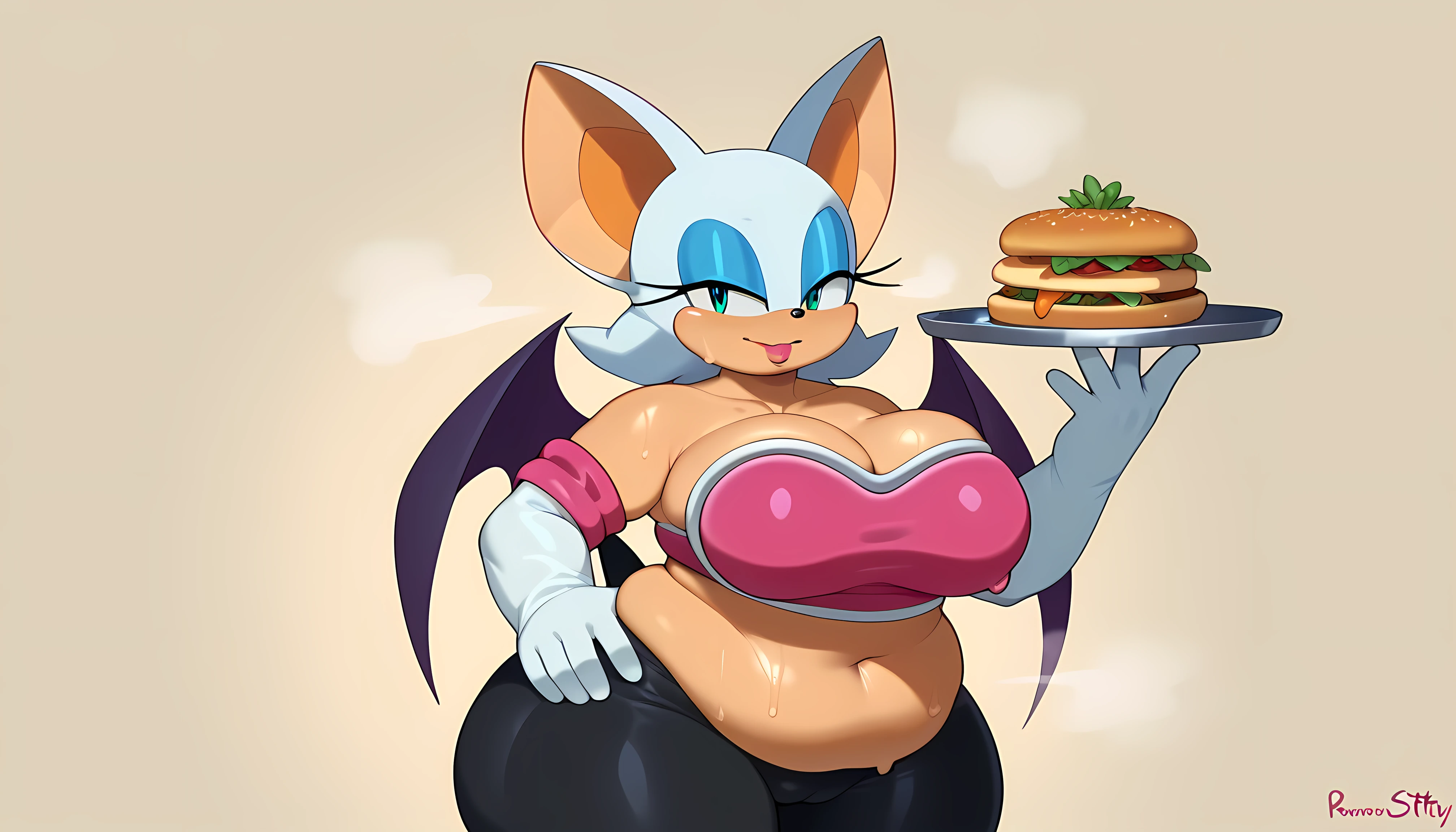 rouge the bat, sonic \(series\), 1girl, solo, hand on own hip, elbow gloves, (ssbbw), sweating, big hips, ((expanding)), steaming body, wobble lines, big_double_doughy_belly, she´s enjoying, (nightcity_background), (weight gain), (too much food around her), (perfect shaders), (bedroom)