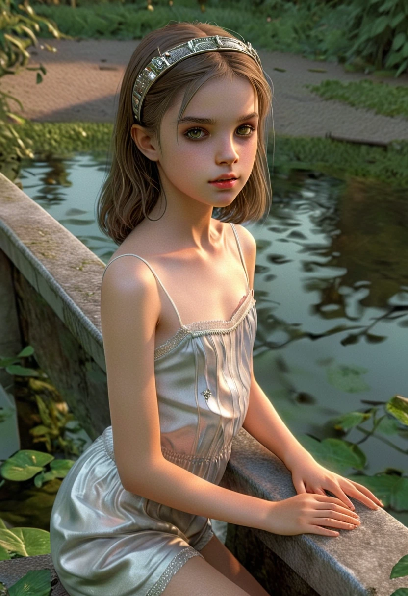 , a cinematic photo ,Hip-length photo ,skinny, beautiful russian girl,  very young, complex hair,  highly detailed texture  кожи,  sitting on the bridge over the pond ,  Realistic texture  кожи,  looks right at the camera ,  engine looks at the viewer,  puffy lips , Minimum clothing , Dramatic,  Dreamy ,overgrown pond with water lilies,  elegant, strange, gentle, Highly detailed, UHD Digital Photography,  fantasy theme , knee length photo ,  beautiful young girl ,  big eyes , Beautiful Body,  high-detail under-length shot,  Dreamy , ,  detailed hairband ,  highly detailed texture ,  Realistic texture ,  digital painting, highly detailed photograph, (Art deco: 1 .hotoralotm:1.3),(Classic Realotm:1.3),(FujiFilm Superia:1.3),natural, golden hour light,