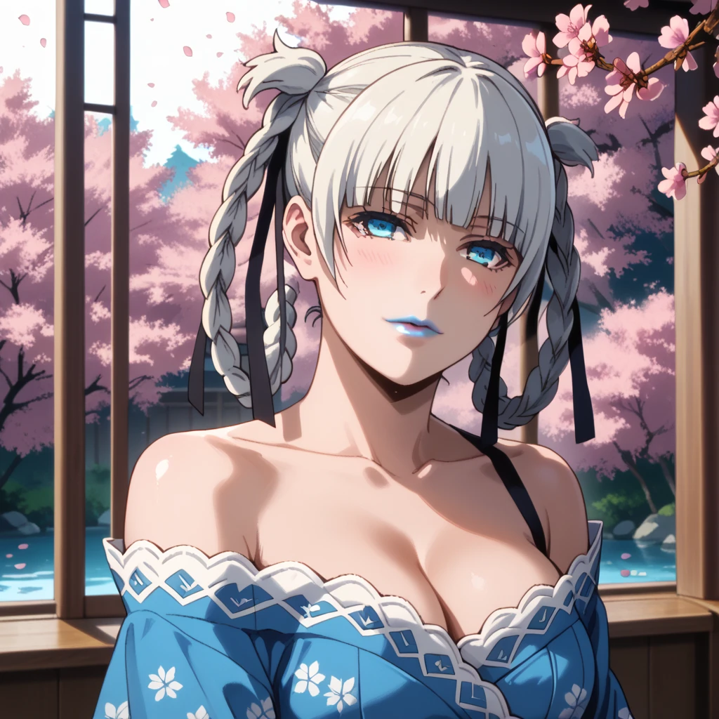 Score_9, score_8_up, score_7_up, score_6_up, source_anime, rating:general, 1girl, kirari momobami, white hair, braided hair, upper body, sultry look, head tilt, blush, pale white skin, strapless sexy kimono, blue floral kimono, lace trim, blue eyes, blue lipstick, colored contacts, doll face, medium sized breasts, cleavage, exposed shoulders, traditional Japanese garden, cherry blossoms, cherry blossom petals, solo, 8k quality, vivid colors, perfect lighting, perfect shadowing, god rays, perfect positioning 