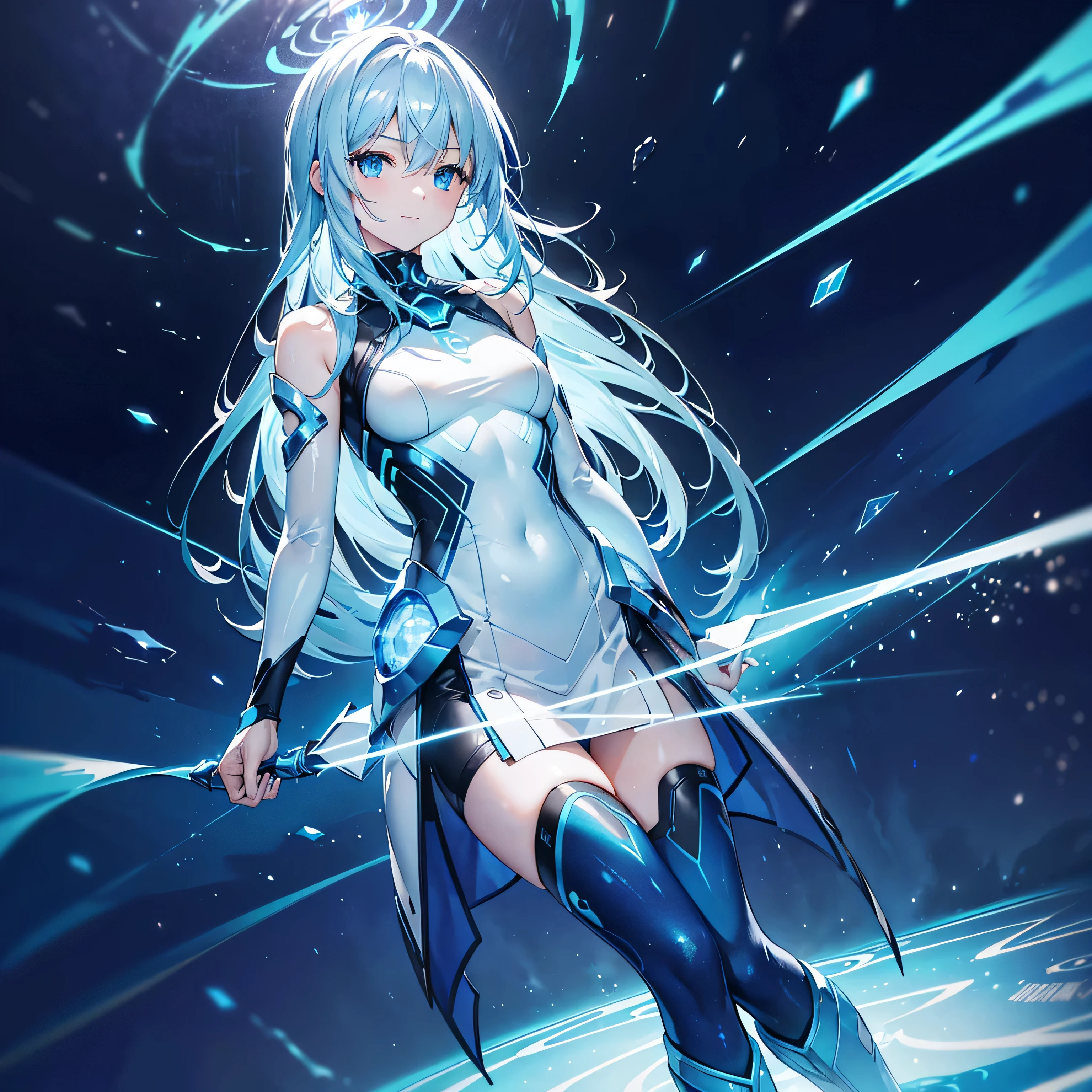 8k, highest quality, (real:1.4), Original photo, 1 girl, Asari Hair, Biological Amplifier, refined armor, posture: Peace talks between warring factions,,Attention Clever Blue Eyes,A modest smile、Knee-high boots、Blue big moon and blue light swirl in the background、Blue light from behind、blue light magic
