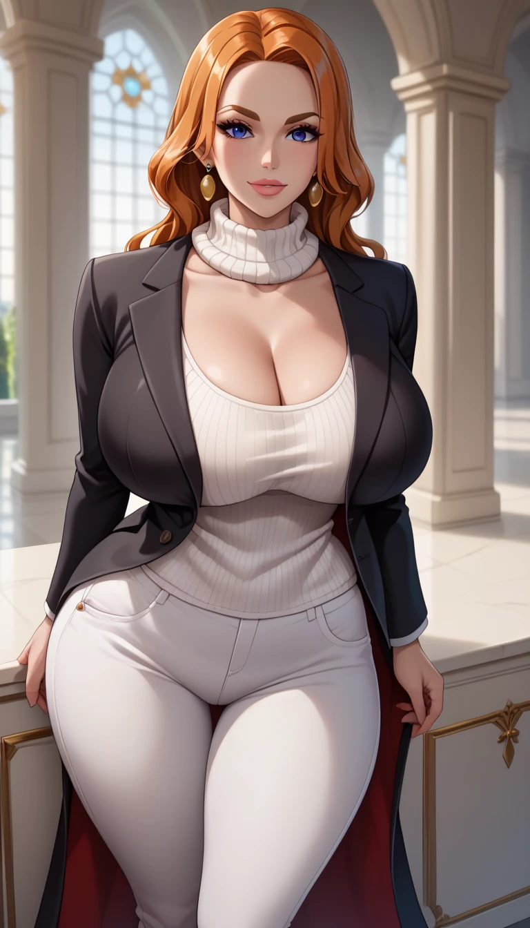 (masterpiece, best_quality:1.2), 1girl, solo, mature female, orange hair, (turtle neck white sweater, white pants, black blazer), beautiful eyes, female focus, looking at viewer, large breast,  cleavage, wide hips, ((above view)) ((close up shot)) ((solo)) detailed, very high resolution, no blurry image, standing, beautiful, elegant, serene expression, intricate details, detailed background, bedroom:1.3