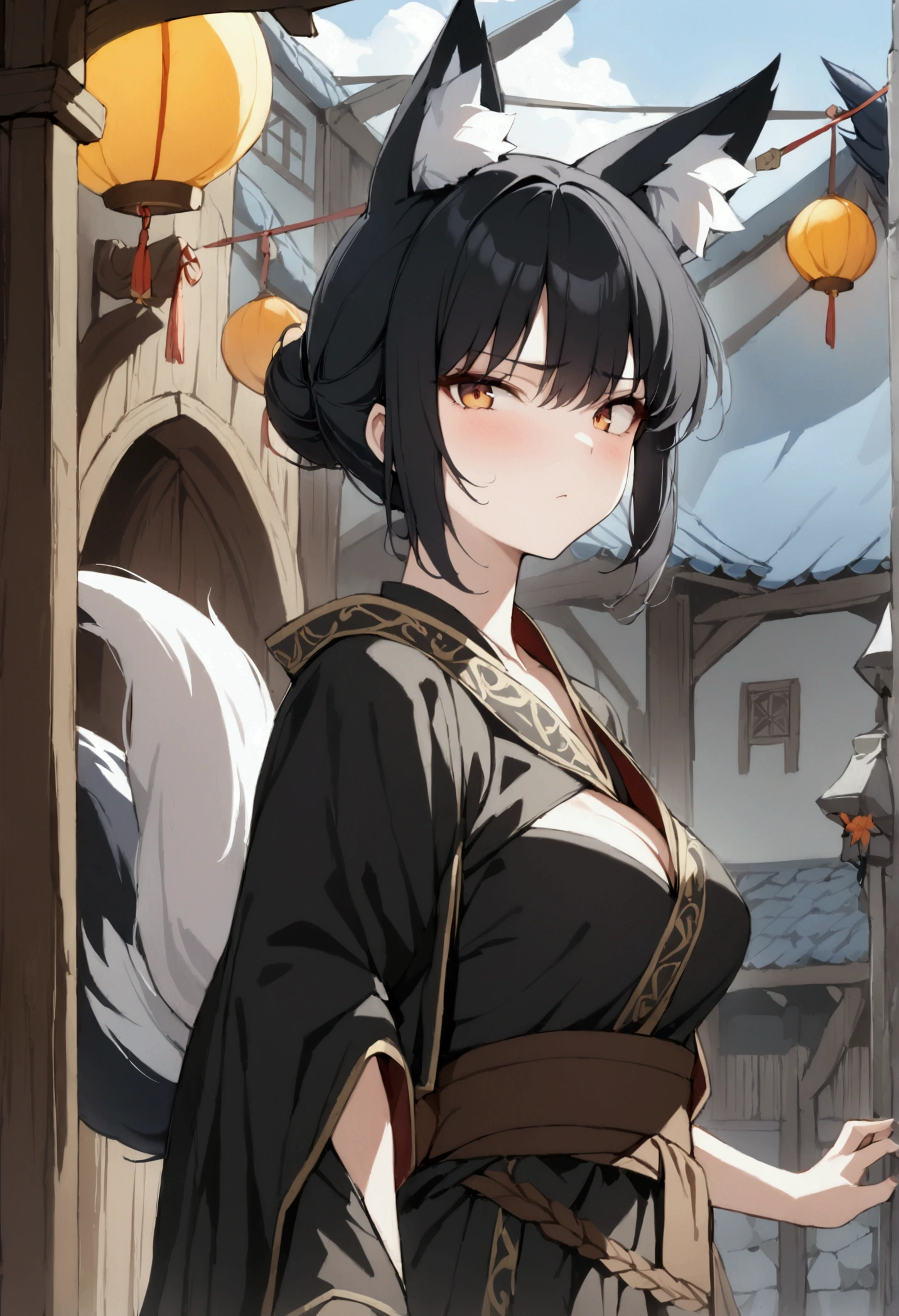 (1girl, Masterpiece, best quality, beautiful) A fox-woman, short black hair, (black fox ears with white fur), neutral face expression, medieval-style ((black very heavy bulky clothing robes multi-layered robes)) beautiful amber eyes, brown belt around her waist, black pants, standing pose, (black fox tail)
