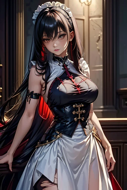 Beautiful long trendy hairstyle 、 black with red inner color hair color、 maid outfit 、flat chest, torn clothes, masterpiece,  best quality, (  Highly Detailed CG Unity 8k Wallpaper ), ( best quality),  Hi-Res RAW Color Art,  animation,Sculpture, (Black marble skin), (((Ultra-detailed and elegant))), Magical atmosphere, Detailed skin, Texture,( finely crafted ,  Sex, Ultra-detailed art),  depth of field, Bokeh, Silky Touch,  HYPER DETAILS ,   beautiful eyes ,  elegant face, ( standing ,  year-old student )