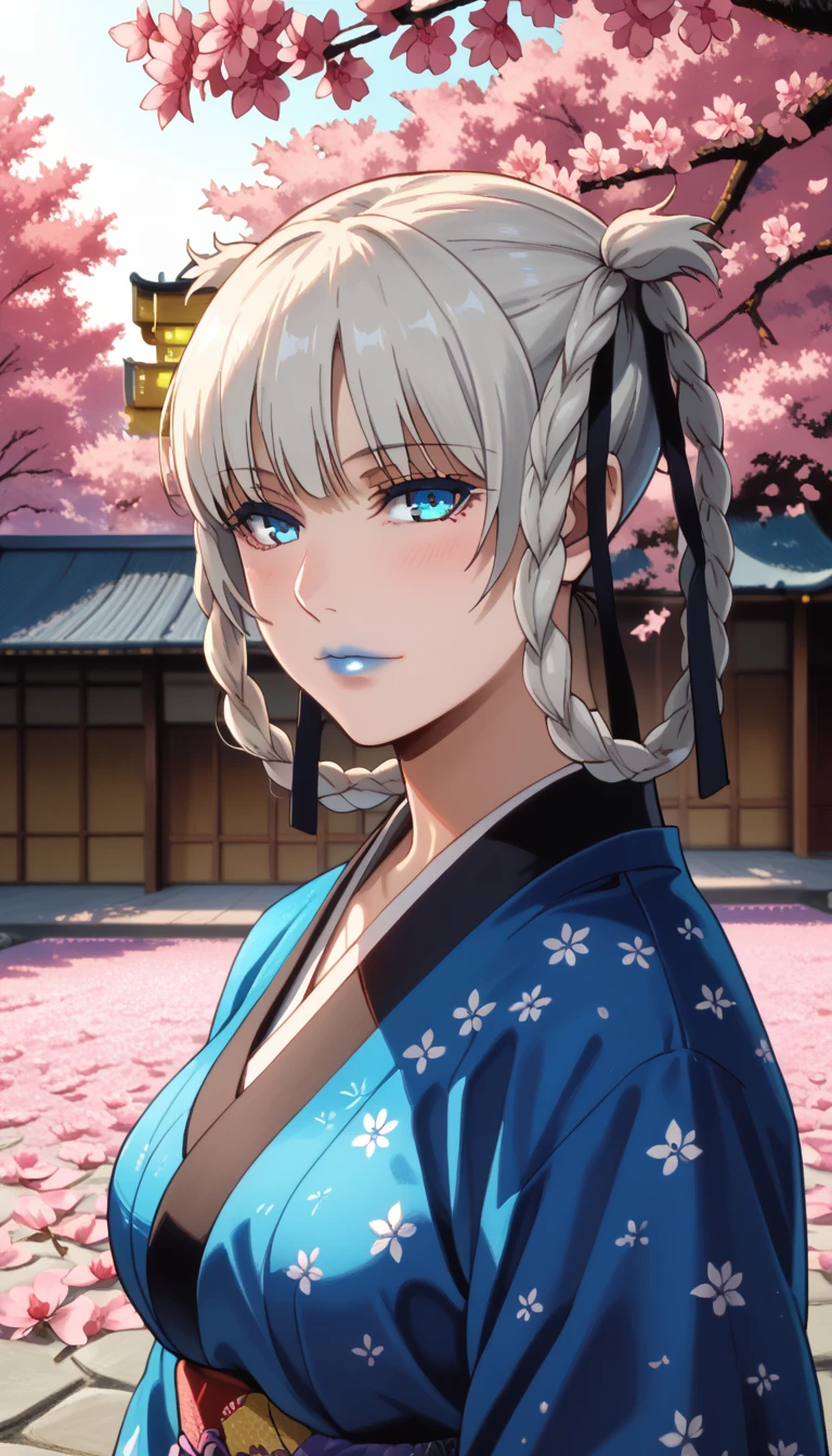 Score_9, score_8_up, score_7_up, score_6_up, source_anime, rating:general, 1girl, kirari momobami, white hair, braided hair, upper body, sultry look, head tilt, blush, pale white skin, kimono, blue floral kimono, lace trim, blue eyes, blue lipstick, colored contacts, doll face, medium sized breasts, traditional Japanese garden, cherry blossoms, cherry blossom petals, solo, 8k quality, vivid colors, sharp contrast, perfect lighting, perfect shadowing, god rays, perfect positioning 