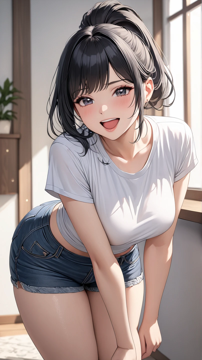 20 years old,1 girl, extremely thick thighs, hyperrealistic, 8k, (extremely detailed 8k), (very delicate and beautiful), (masterpiece), (better quality:1.0), (ultra high resolution:1.0), (masterpiece, best quality), cute,black hair,laugh with open mouth,gleaming skin,, short sleeve shirt,short denim pants,leaning forward,ponytail,upper body,from the front,looking back