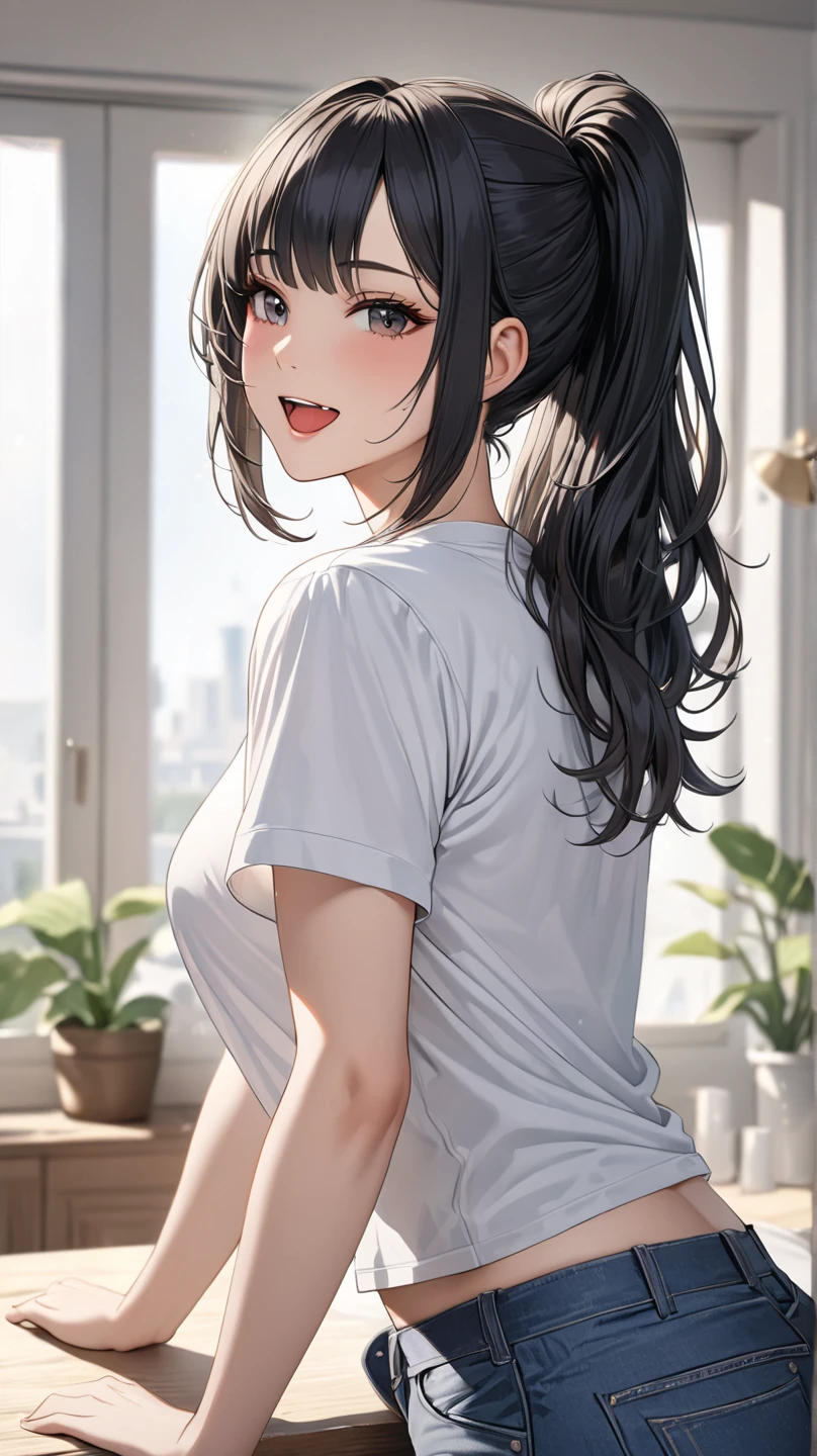 20 years old,1 girl, extremely thick thighs, hyperrealistic, 8k, (extremely detailed 8k), (very delicate and beautiful), (masterpiece), (better quality:1.0), (ultra high resolution:1.0), (masterpiece, best quality), cute,black hair,laugh with open mouth,gleaming skin,, short sleeve shirt,short denim pants,leaning forward,ponytail,upper body,from the front,looking back