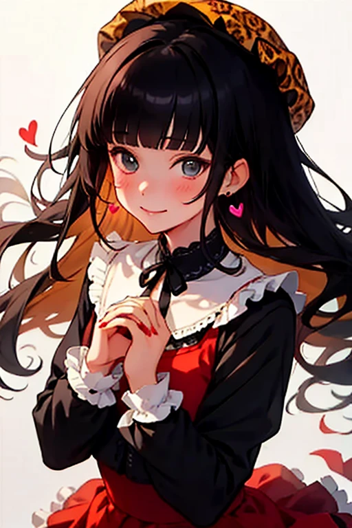 1girl, one, black hair, has, jewelry, long hair, looking at viewer, bangs, earrings, skirt, white background, smile, shirt, plain background, heart earrings, long sleeves, heart, black headwear, black shirt, frilled necklace, chest, brown eyes, necklace, blunt bangs, upper body, beret, medium chest, brown skirt, frills, nail polish, ribbon, red nails, closed mouth, animal print, blush, ruffles, leopard print, neck ribbon, own hands together