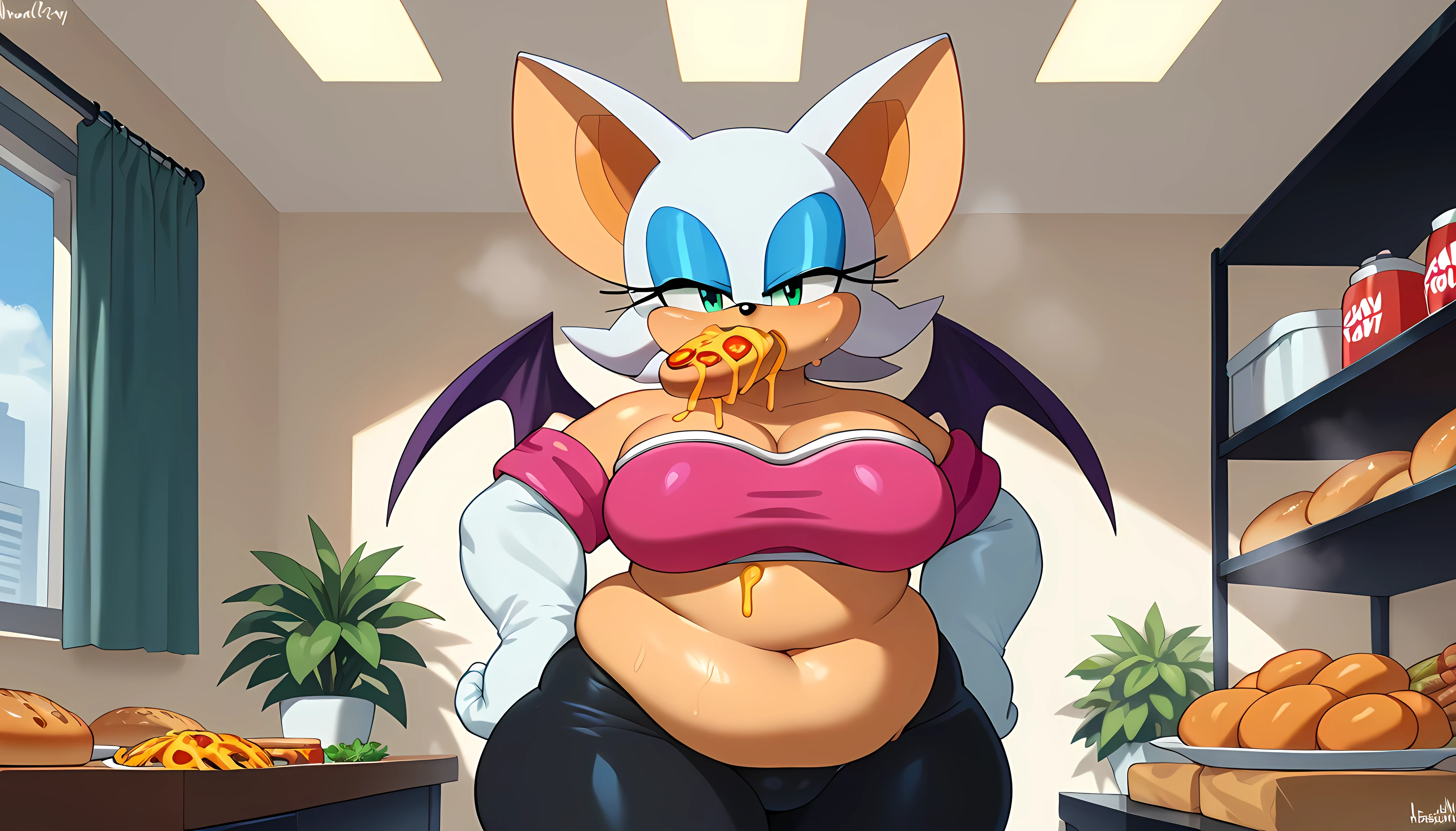 rouge the bat, sonic \(series\), 1girl, solo, hand on own hip, elbow gloves, (ssbbw), obese, sweating, big hips, ((expanding)), steaming body, wobble lines, big_double_doughy_belly, she´s enjoying, (nightcity_background), (weight gain), (too much food around her:2.0), (perfect shaders), (bedroom), (friends feeding rouge), (force feeding:1.5)