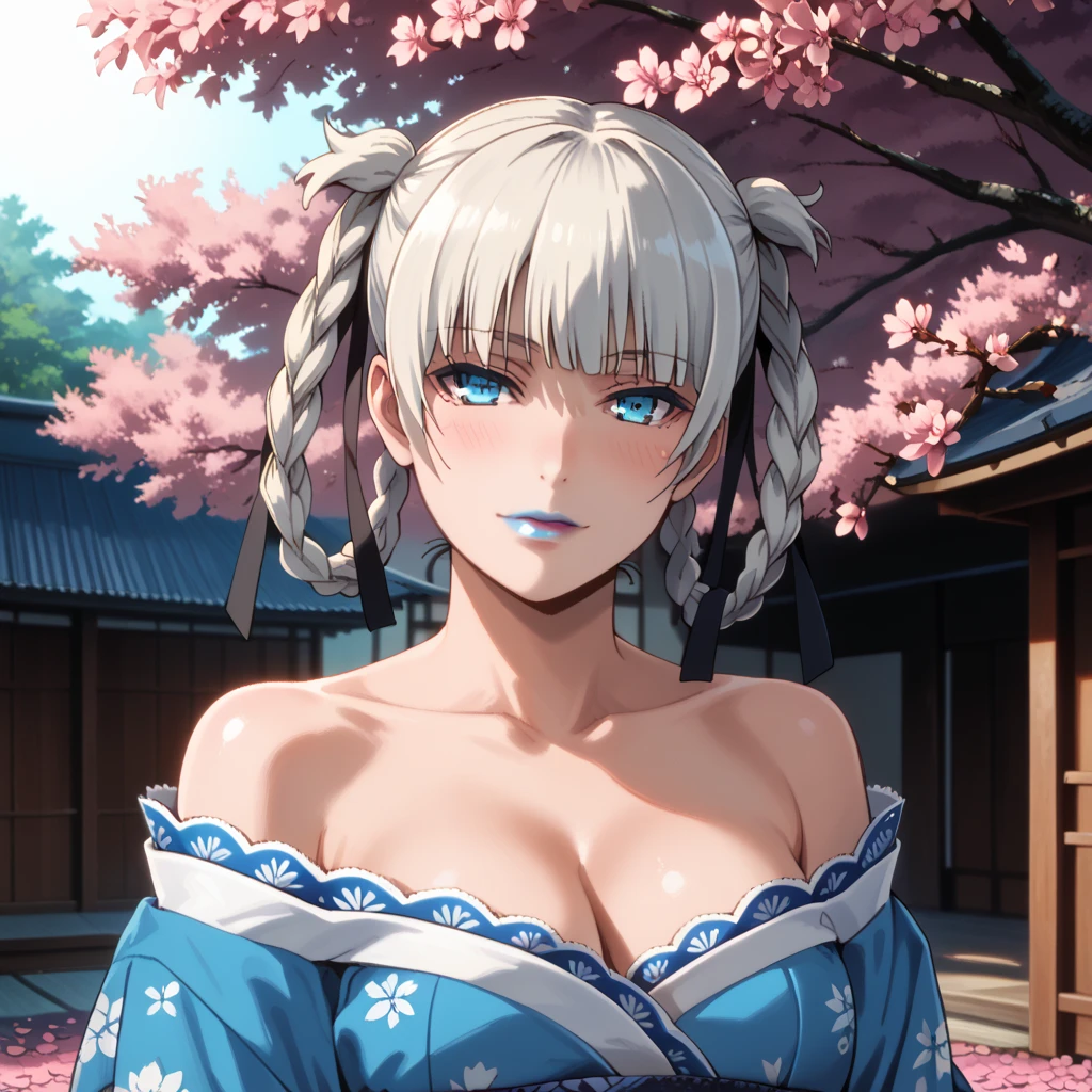 Score_9, score_8_up, score_7_up, score_6_up, source_anime, rating:general, 1girl, kirari momobami, white hair, braided hair, upper body, sultry look, head tilt, blush, pale white skin, strapless sexy kimono, blue floral kimono, black lace trim, blue eyes, blue lipstick, colored contacts, doll face, medium sized breasts, cleavage, exposed shoulders, traditional Japanese garden, cherry blossoms, cherry blossom petals, solo, 8k quality, iphone wallpaper, vivid colors, perfect lighting, perfect shadowing, god rays, perfect positioning 