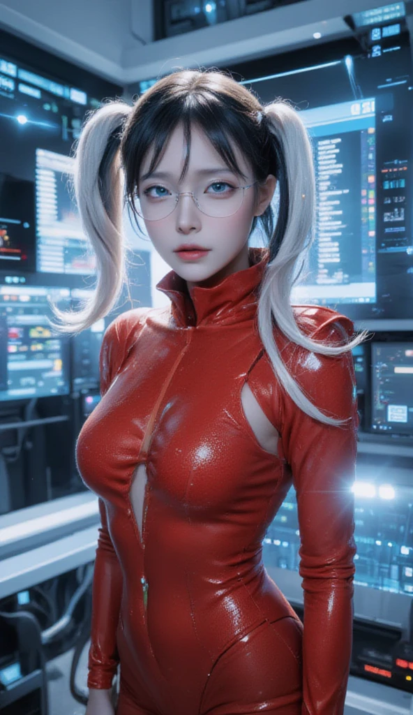 In a scene that combines high-tech espionage with artistic flair, a large number of computer monitors appear as holograms, displaying a huge amount of top-secret information. Amidst this digital sea of data, a female spy gathers information. She is clad in a tight-fitting red rubber bodysuit, exuding an aura of intelligence and beauty. Her attire is sleek and functional, perfectly suited for her covert activities.
The spy's appearance is striking, with her white twintails, glasses, and a captivating, sharp blue gaze that hints at her sharp intellect and lewd expression. Her superlative body proportions add to her allure, making her a compelling figure in this high-stakes scenario.
The background is an iridescent, sparkling analysis lab room, reflecting light and creating bold contrasts of light and shadow. The scene is dynamic and 2.5D, blending the real and the digital in an artistic manner. The ultra-detailed imagery is a testament to the masterpiece quality of the image, with absolutely no compromise in resolution. This scene is a visual feast, combining the thrill of espionage with the beauty of artistic expression.