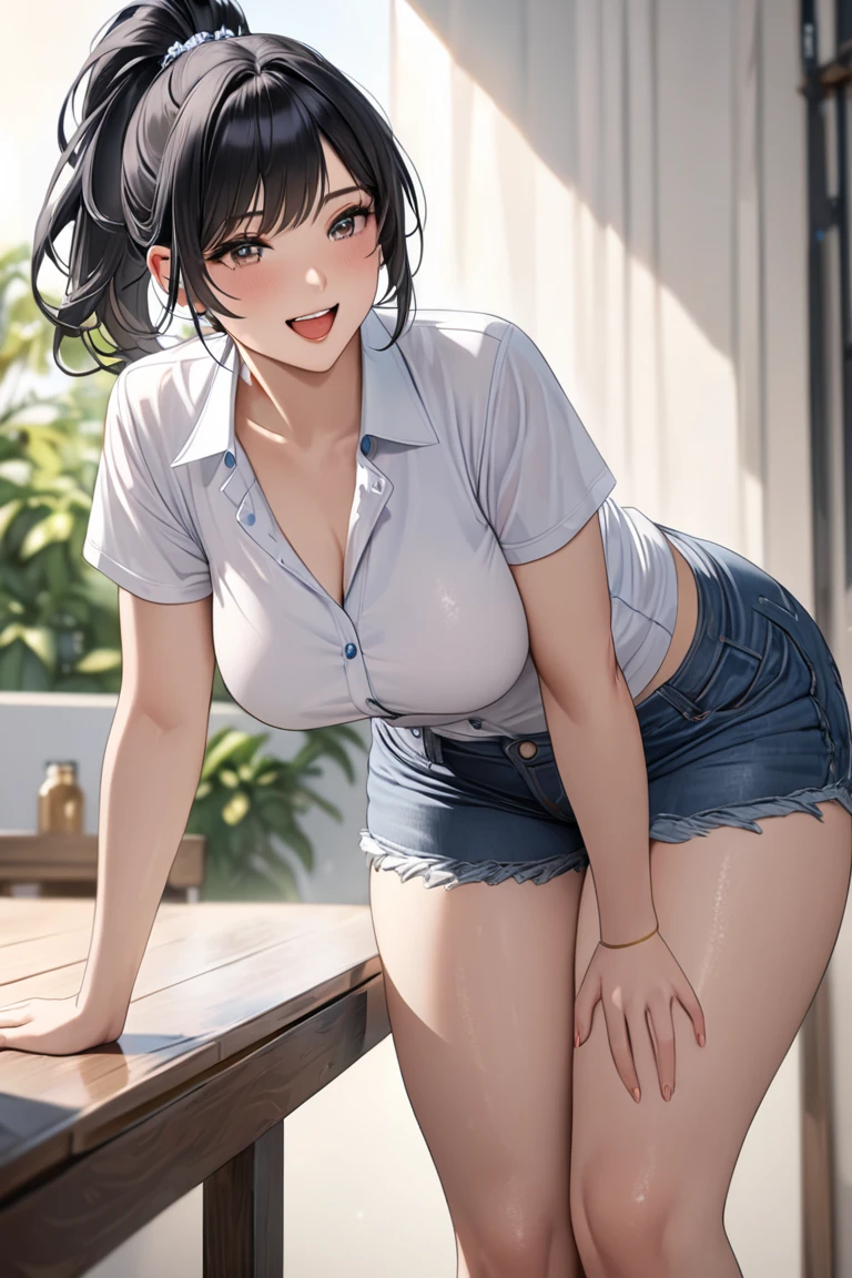 20 years old,1 girl, extremely thick thighs, hyperrealistic, 8k, (extremely detailed 8k), (very delicate and beautiful), (masterpiece), (better quality:1.0), (ultra high resolution:1.0), (masterpiece, best quality), cute,black hair,laugh with open mouth,gleaming skin,, short sleeve shirt,short denim pants,leaning forward,ponytail,upper body,from the front,looking back