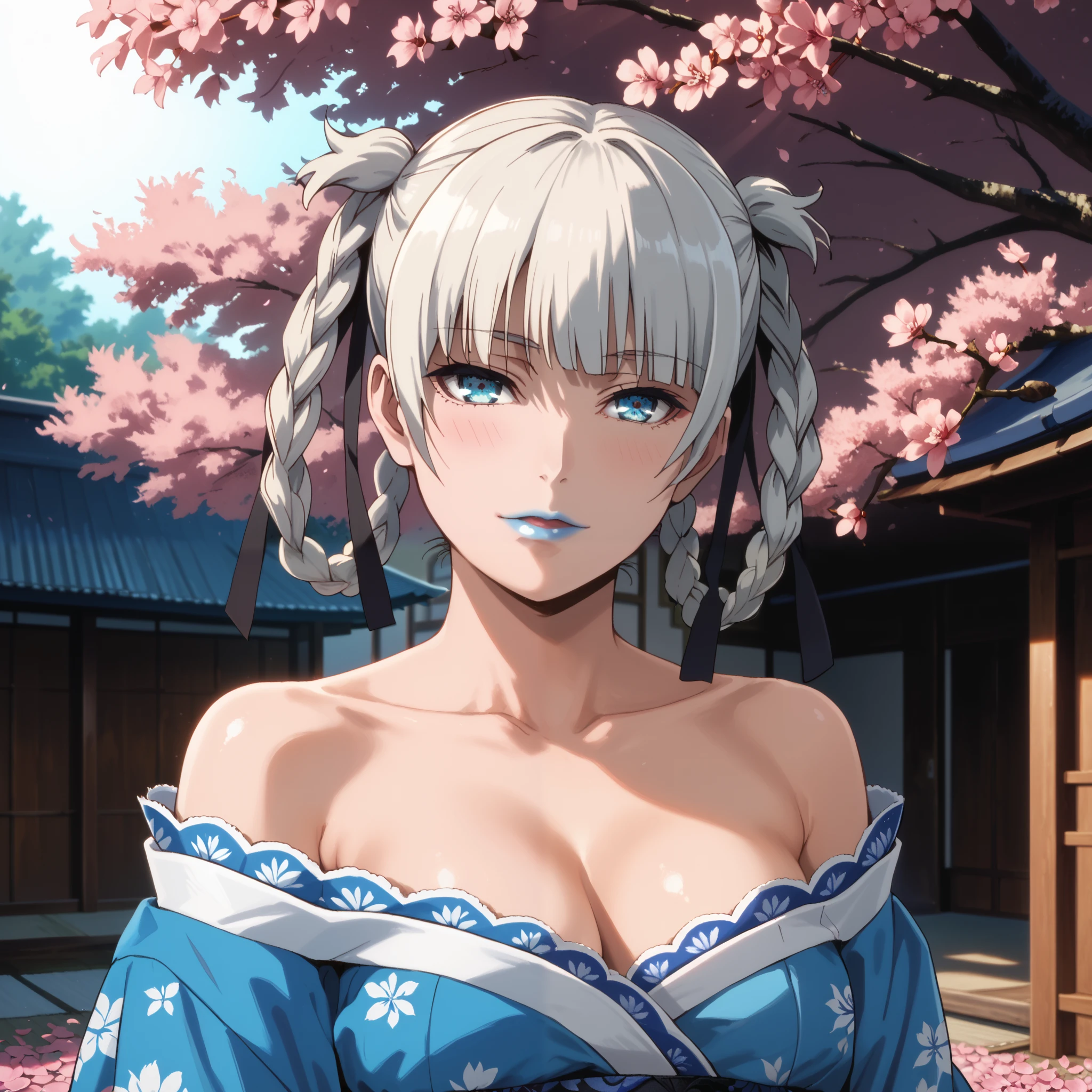 Score_9, score_8_up, score_7_up, score_6_up, source_anime, rating:general, 1girl, kirari momobami, white hair, braided hair, upper body, sultry look, head tilt, blush, pale white skin, strapless sexy kimono, blue floral kimono, black lace trim, blue eyes, blue lipstick, colored contacts, doll face, medium sized breasts, cleavage, exposed shoulders, traditional Japanese garden, cherry blossoms, cherry blossom petals, solo, 8k quality, iphone wallpaper, vivid colors, perfect lighting, perfect shadowing, god rays, perfect positioning 