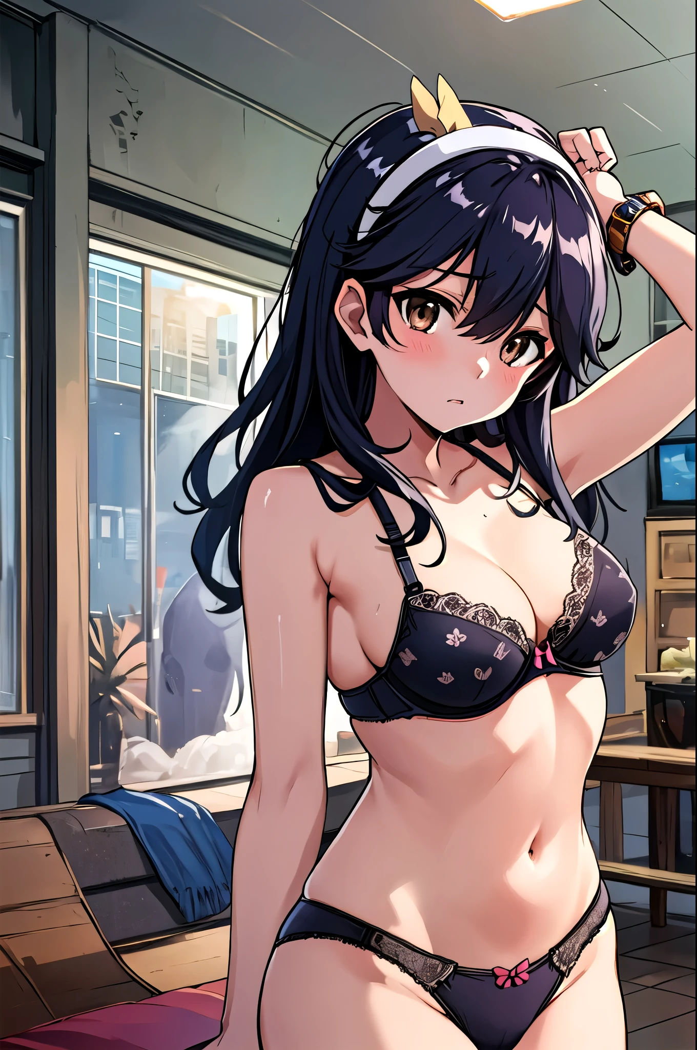 top quality, Masterpiece , high definition , Alone, 1 girl, {Ushio_ fleet collection in h:1.15}, 長hair, 黒hair, , 白 headband, headband, hair_between_eye, 茶色eye, Big Breasts, chest, 大きいchest, (Petite), Living Room Background, office background, lean forward , Watch viewers, Dutch Angle , Cowboy Shots,(( punch )),( panties), ( bra), ( innerwear )