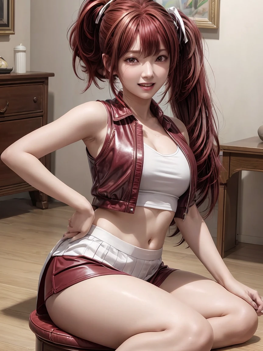  extremely detailed CG Unity 8K wallpaper , Beautiful paintings, (( dark red hair 、 Left Side Ponytail :1.5)), (( almond-shaped eyes :1. 4)),  shiny hair, Thick bangs, (( I show my white teeth and laugh : 1. 2)), ((Image Processing Algorithms:1.5)),  high pixel density in front of the copier、 beautiful and exquisite eyes 、 top quality, Ultra-clear illustrations、 high contrast、Color tone correction、 super realistic oily skin and glossy skin, Detailed fabric texture,  Physically Based Rendering 、 retina、 ray tracing,  RAW photo, Natural Frontal Light 、Accurate Fingers,  anatomically accurate, 
break、
 sleeveless jacket 、Wide open shirt、  exposed behind hands 、 pencil skirt、 white panties 、Leather effect、 boots、 sits on a chair with legs open、