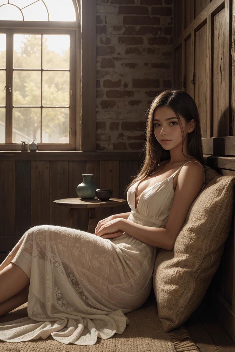 a beautiful young woman reclining on a sofa ,  bright brown hair ,  beautiful and detailed eyes , A serene smile, peaceful expression,  Delicate European facial features ,   cross-legged posture  ,  surrounded by pillows and cushions ,  soft ambient lighting , cozy atmosphere,  unique carpet with patterns ,  intricate details on the carpet ，RUSTIC STYLE, ochre-neutral colors , old clay vases lying next to her,  transparent camel dress ,  natural sunlight streaming through the cracked old wooden window,  jute room decoration he ixtle , Old wood,  a gentle breeze that shakes the curtains ,  vines on the old brick wall .,  a peaceful and contemplative mood ,  high resolution painting with rich textures and brushstrokes,  atmospheric lighting,   magical and dreamy environment .