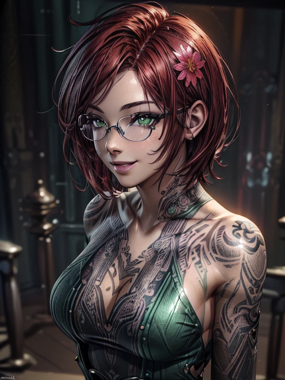 Short,  red hair ,  green eyes ,  metal-framed glasses , green , oriental dress with ornaments,  smiling girl. ( masterpiece fails,  top quality ,  best quality ,  official art,  beautiful and aesthetic :1.2),  extremely detailed ,( fractal art :1.2), Colorful ,The most detailed, ( dynamic pose), (Lots of flower tattoos:1.4). (( Cleavage.  skin texture ,  Shiny skin . elegance.  photorealism .  unreal engine .  3d Model.  Ultra high quality textures .  high detail .  8k resolution))