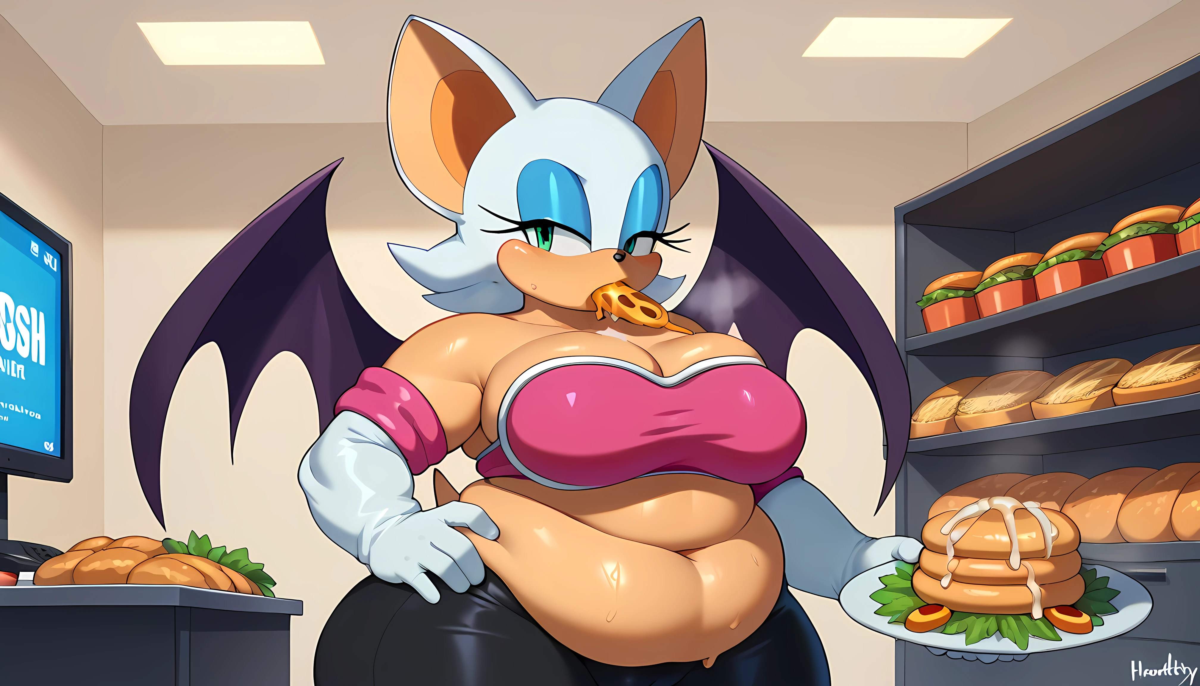 rouge the bat, sonic \(series\), 1girl, solo, hand on own hip, elbow gloves, (ssbbw), obese, sweating, big hips, ((expanding)), steaming body, wobble lines, big_double_doughy_belly, she´s enjoying, (nightcity_background), (weight gain), (too much food around her:2.0), (perfect shaders), (bedroom), (friends feeding rouge), (force feeding:1.5)