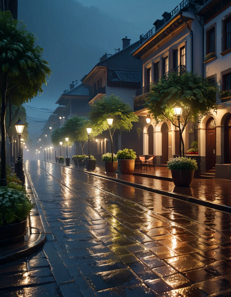  close-up of a street with lots of steps and lights, in the evening during the rain, Rainy scene,  Rainy weather , rainy street , Rain Aesthetics, Rainy mood,  rainy and gloomy atmosphere , in a  Rainy weather , Rainy atmosphere, rainy street s in the background, it&#39;s raining heavily., rainy evening, rainy and humid atmosphere ,  Rainy weather , it&#39;s raining, дождливая ночь  realistic image,  masterpiece fails,  works of art,  hyperrealistic, rendering ,  realistic physical rendering ,  photorealistic rendering ,  highly detailed ,  high-quality render ,  architectural rendering ,  very realistic 3D render ,  realistic image