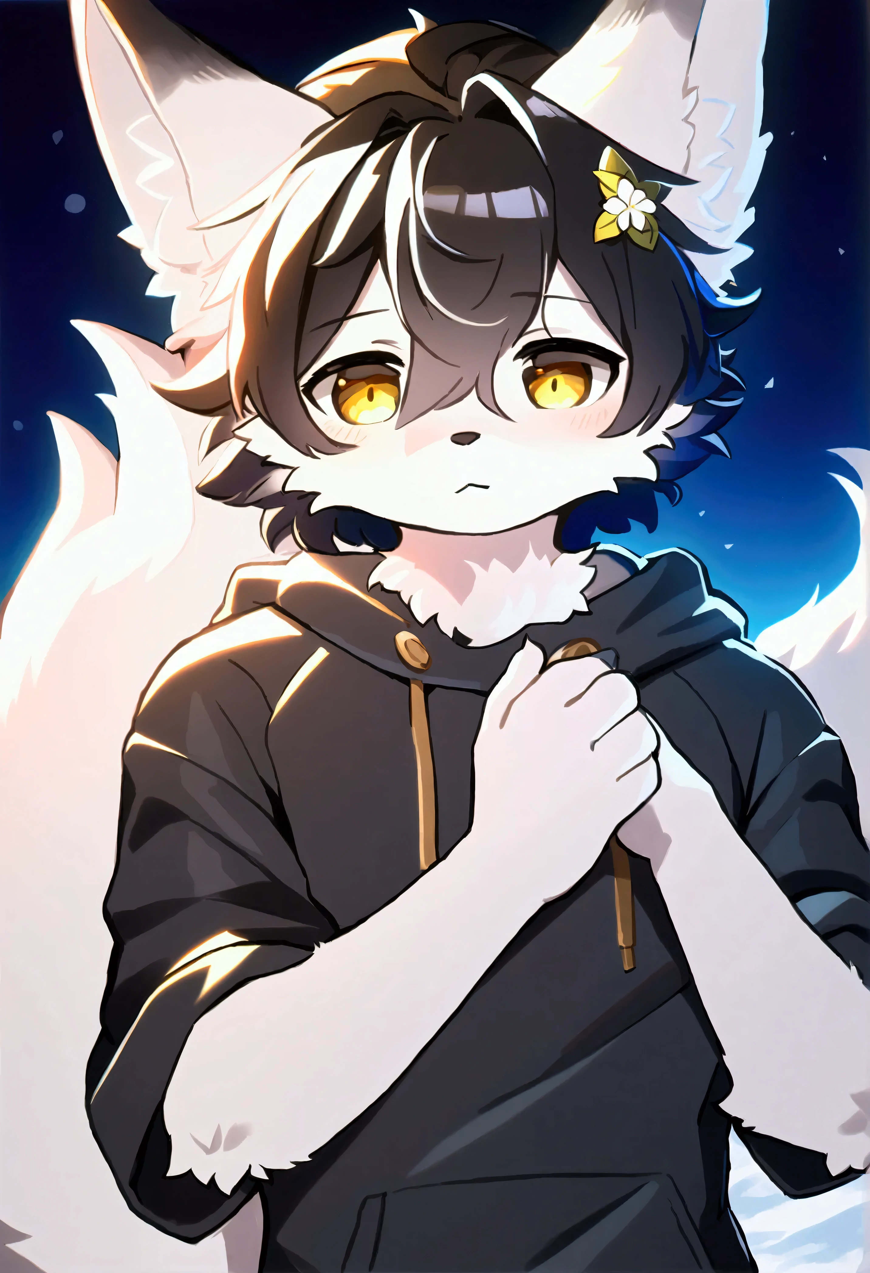 (top quality, best quality, High-quality illustrations, masterpiece, perfect artwork, cinematic light and shading, 16k, 1080p, uploaded on e621)(kemono, furry, anthro, alone), 1 larger male, (very detailed body, face, tail, arms, hands, legs, head and eyes), white fox, Tiare, (Alchemy Stars), white fur, fluff, two fluffy tails, perfect eyes, yellow eyes, black pupils, black hair, flower hairpin, beautiful winter clothes, winter hoodie on, beautiful night, body movement, body twitching,