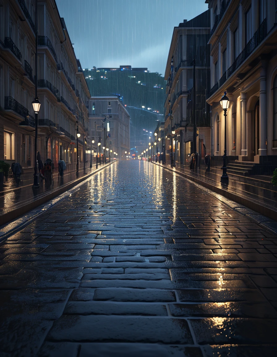  close-up of a street with lots of steps and lights, in the evening during the rain, Rainy scene,  Rainy weather , rainy street , Rain Aesthetics, Rainy mood,  rainy and gloomy atmosphere , in a  Rainy weather , Rainy atmosphere, rainy street s in the background, it&#39;s raining heavily., rainy evening, rainy and humid atmosphere ,  Rainy weather , it&#39;s raining, дождливая ночь  realistic image,  masterpiece fails,  works of art,  hyperrealistic, rendering ,  realistic physical rendering ,  photorealistic rendering ,  highly detailed ,  high-quality render ,  architectural rendering ,  very realistic 3D render ,  realistic image